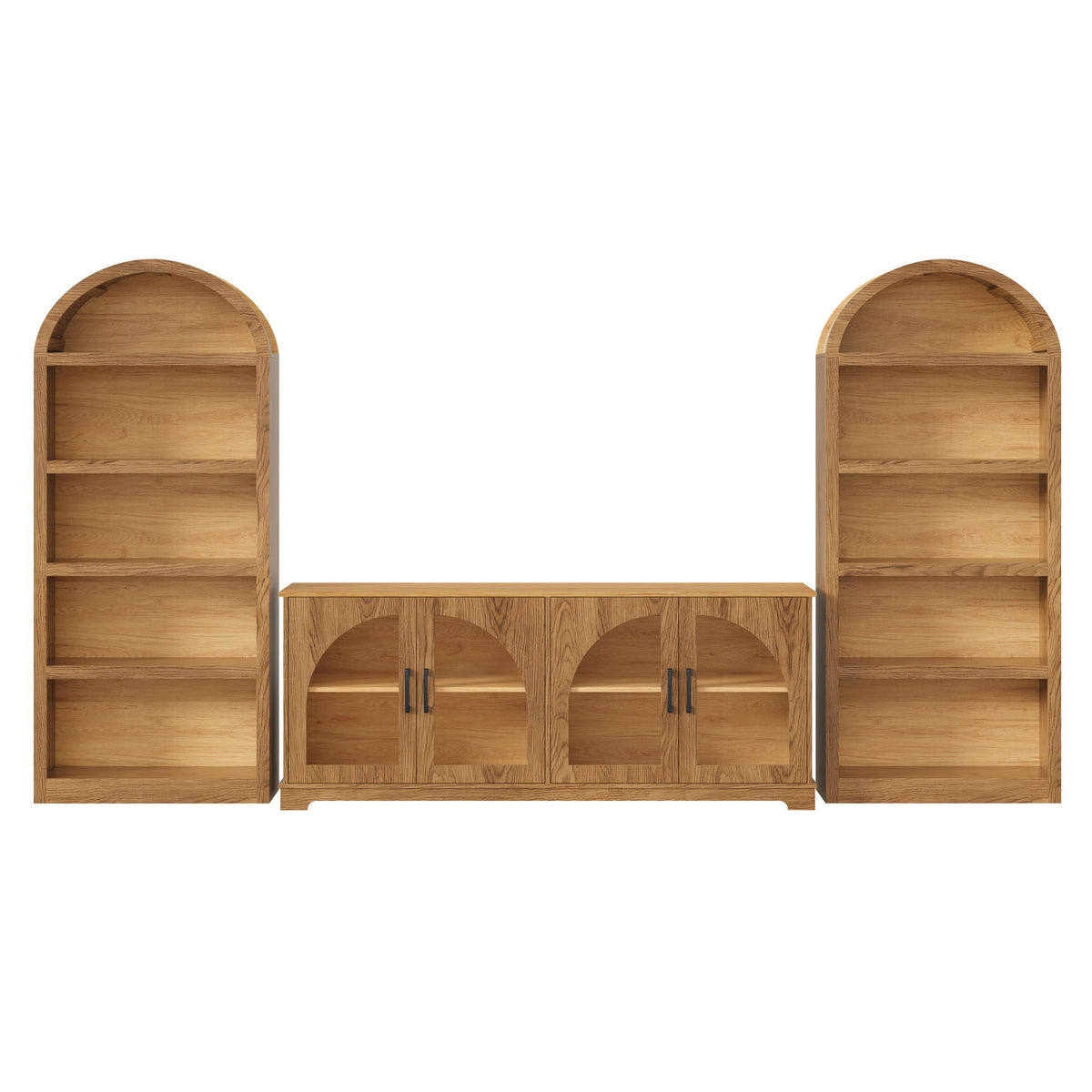 3 Piece TV Stand Set With Bookshelf With Arched Design For Living Room - Brown