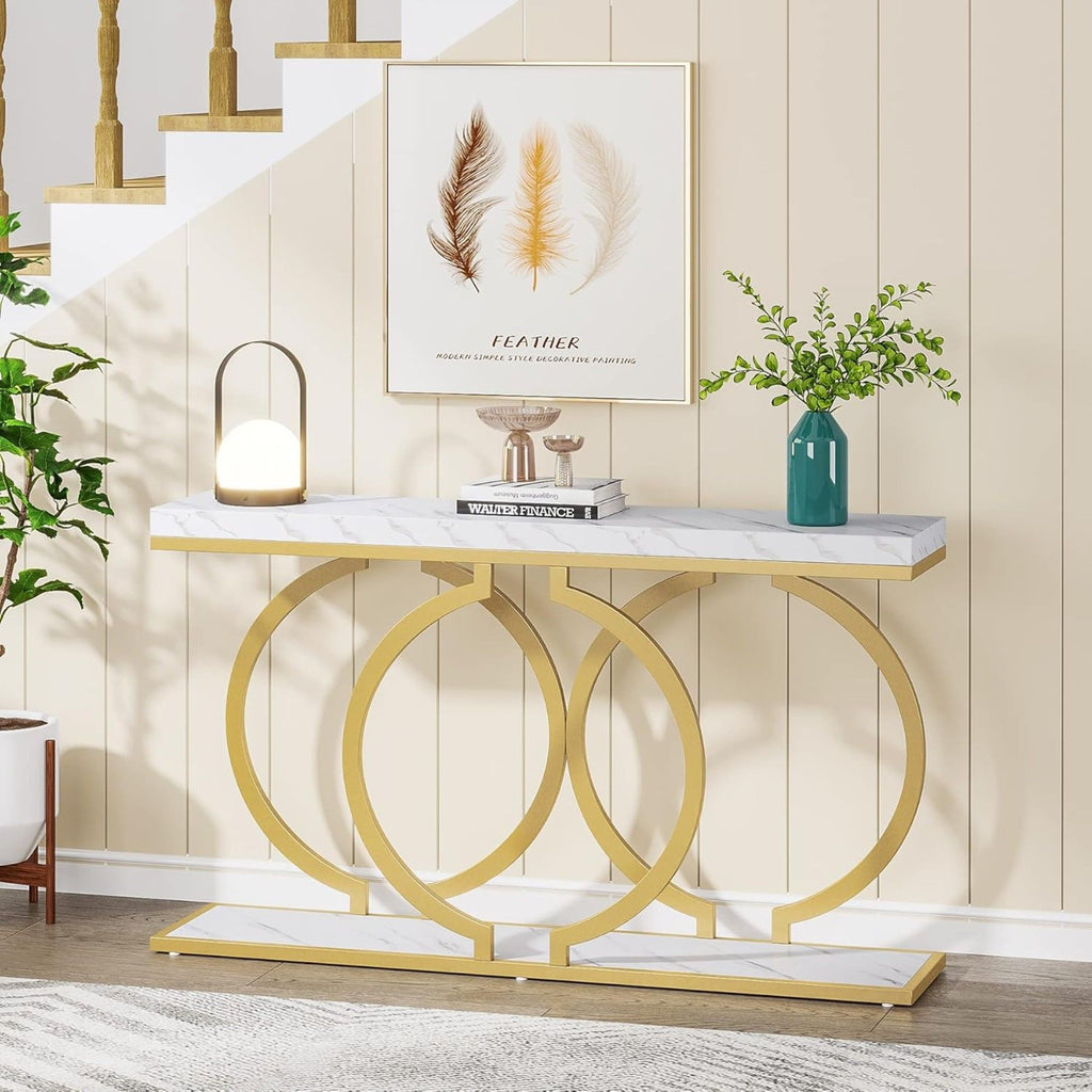 Console Table With Geometric Base For Entryway - Gold / White
