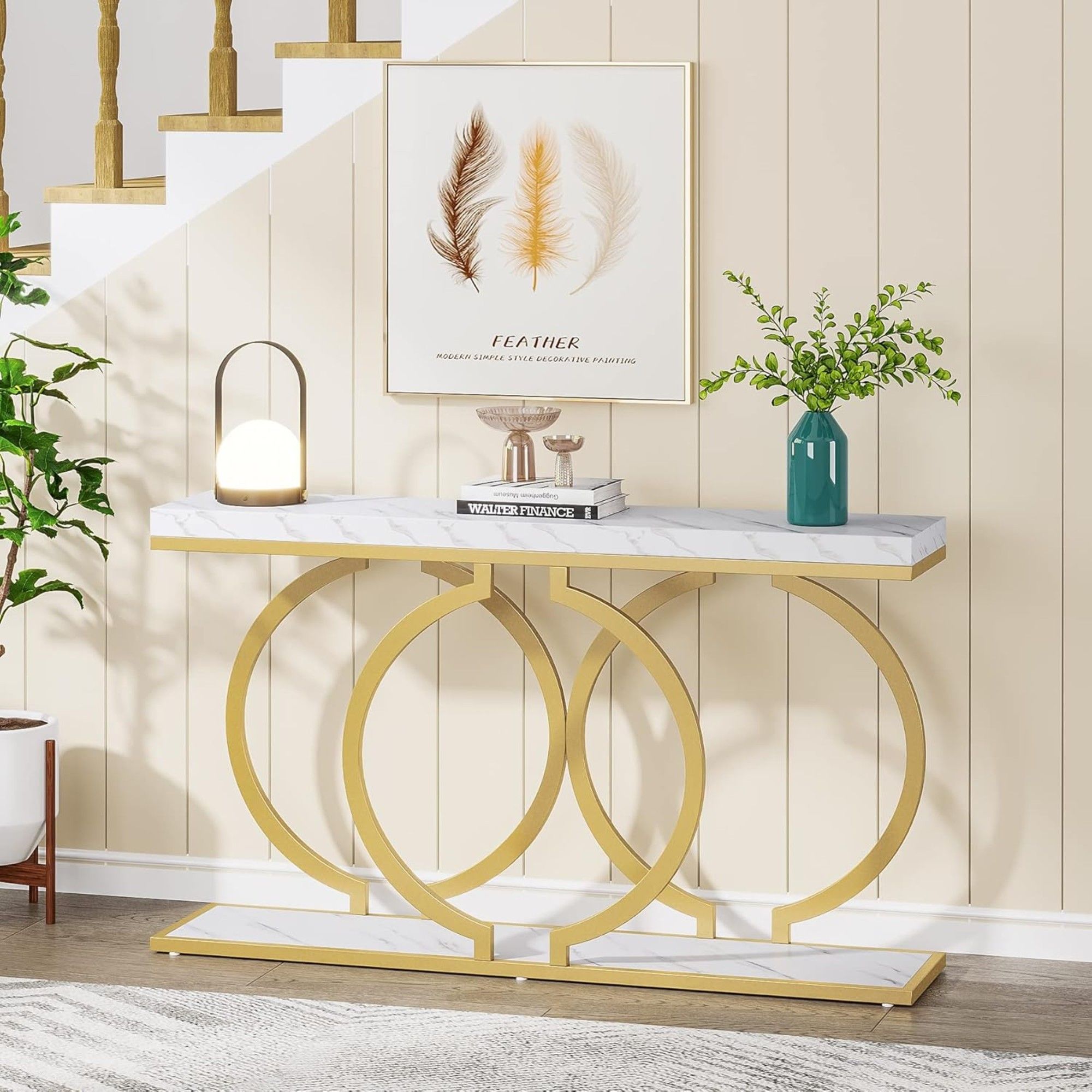 Console Table With Geometric Base For Entryway - Gold / White