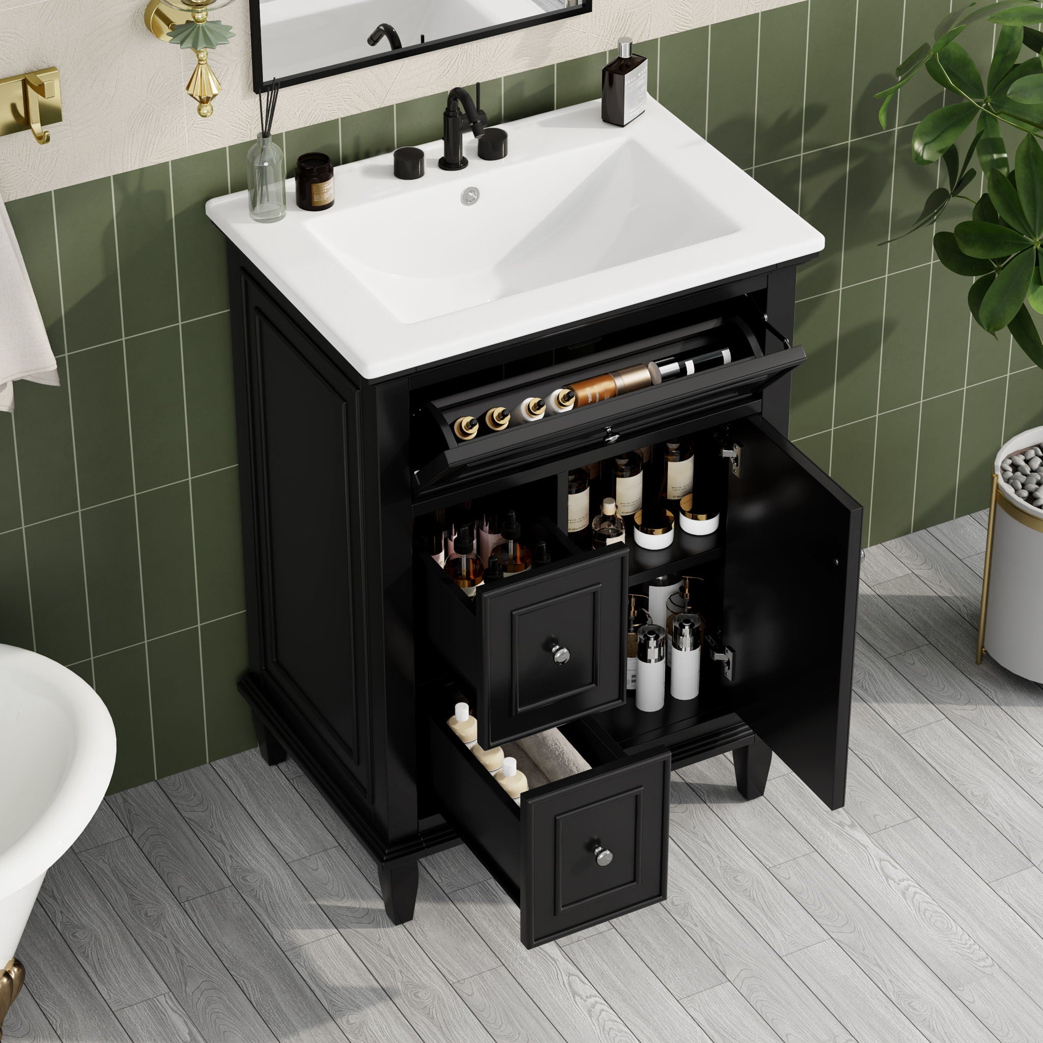 Modern Bathroom Vanity With Sink, Adjustable Shelf, 1 Flip Drawer & 2 Drawers