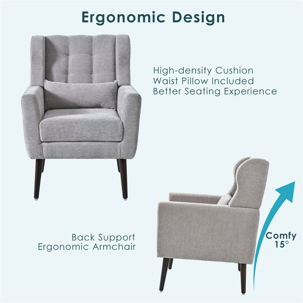 Modern Accent Chair, Arm Chairs For Living Room, Upholstered Mordern Armchair, Comfy Soft Padded Lounge Chair In Small Space, Bedroom, With Pillow, Solid Wood Leg