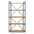 Yorktown - Industrial 5 Shelf Bookcase With Metal Pipework And Solid Fir - Natural