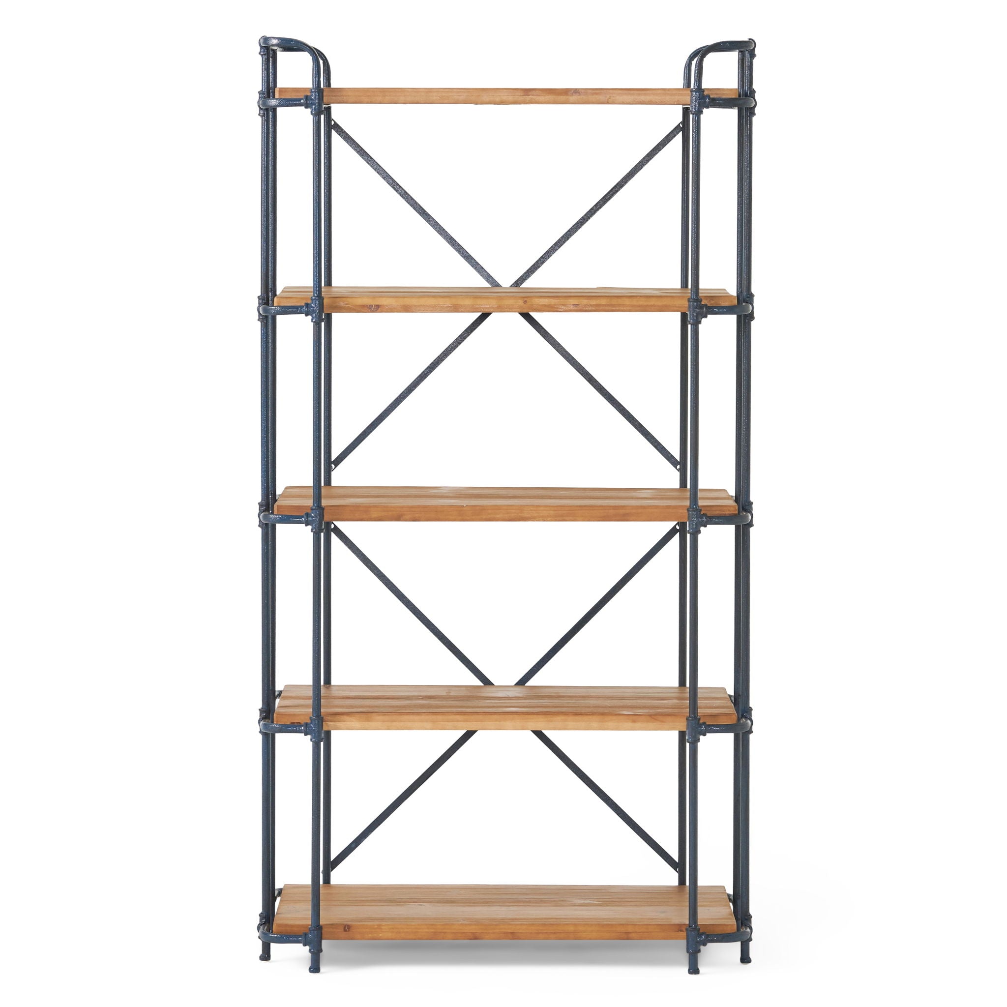 Yorktown - Industrial 5 Shelf Bookcase With Metal Pipework And Solid Fir - Natural