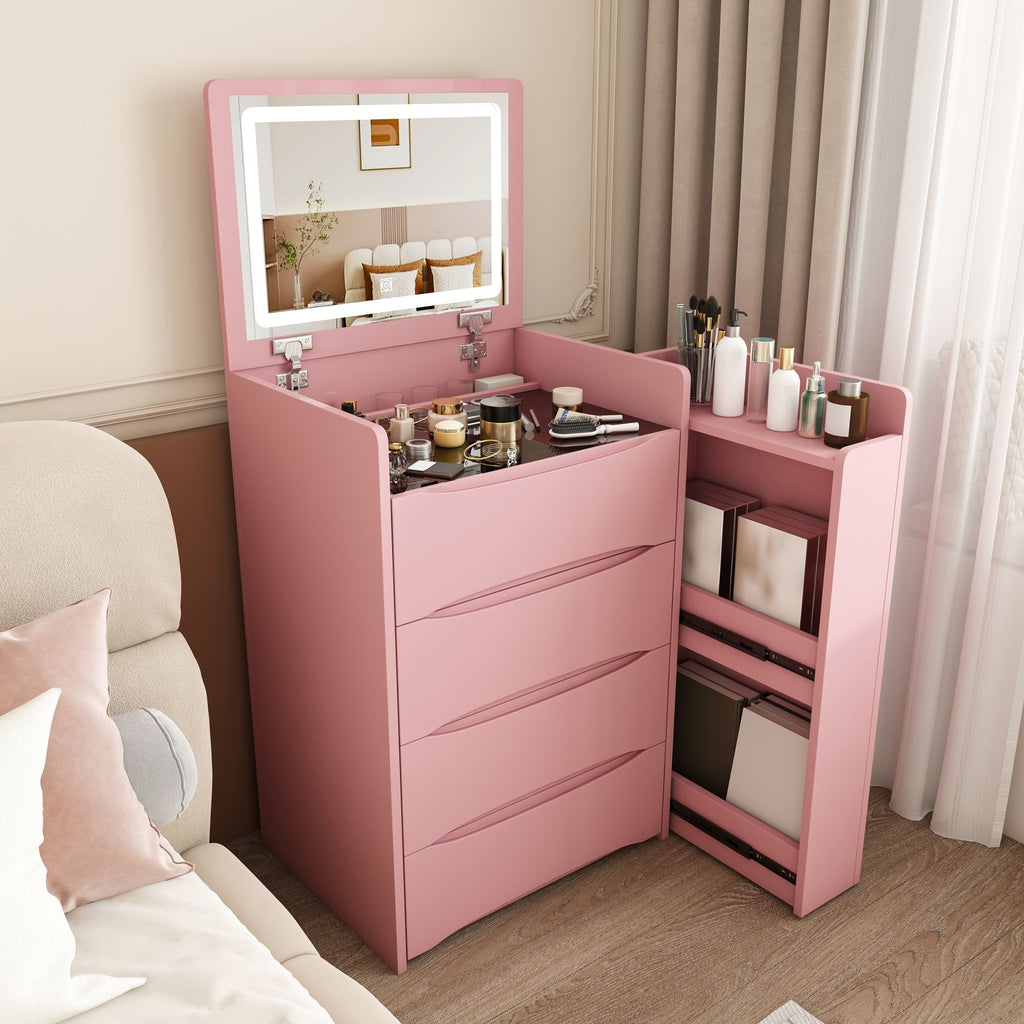 Flip Mirror Vanity Desk With Adjustable LED Lights & Stool For Bedroom