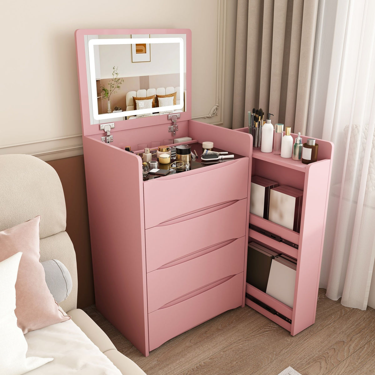 Flip Mirror Vanity Desk With Adjustable LED Lights & Stool For Bedroom
