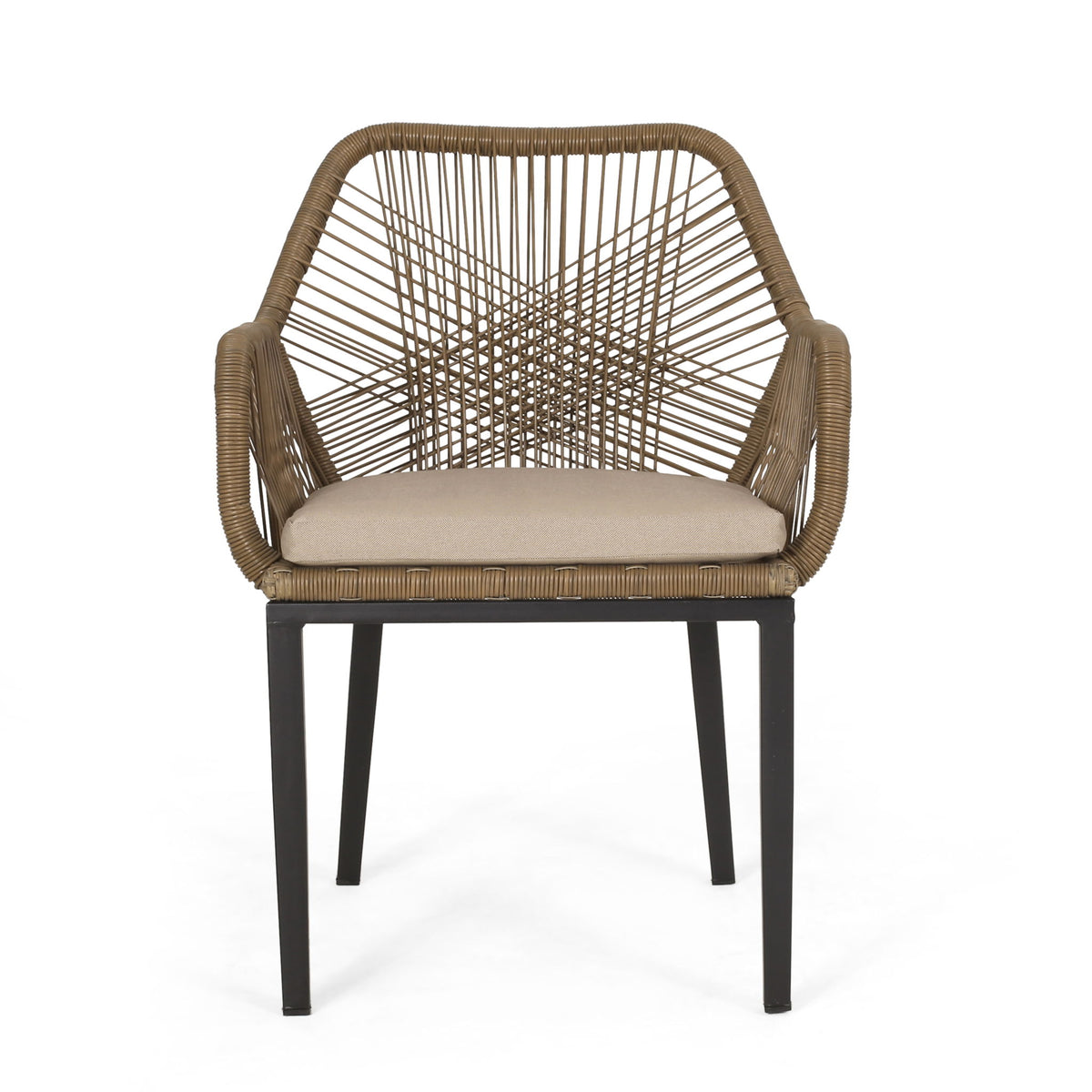 Modern Wicker Dining Club Chair With Water Resistant Cushions - Brown / Beige