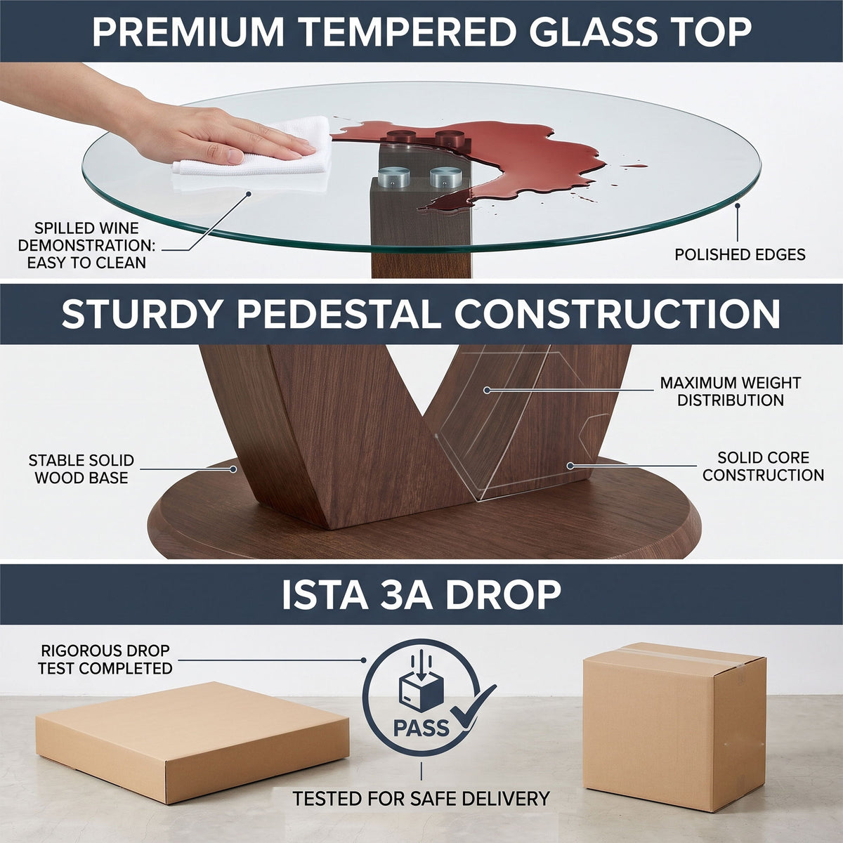 2 In 1 Round Glass Dining Table With Adjustable Curved Base, - Transparent / Walnut