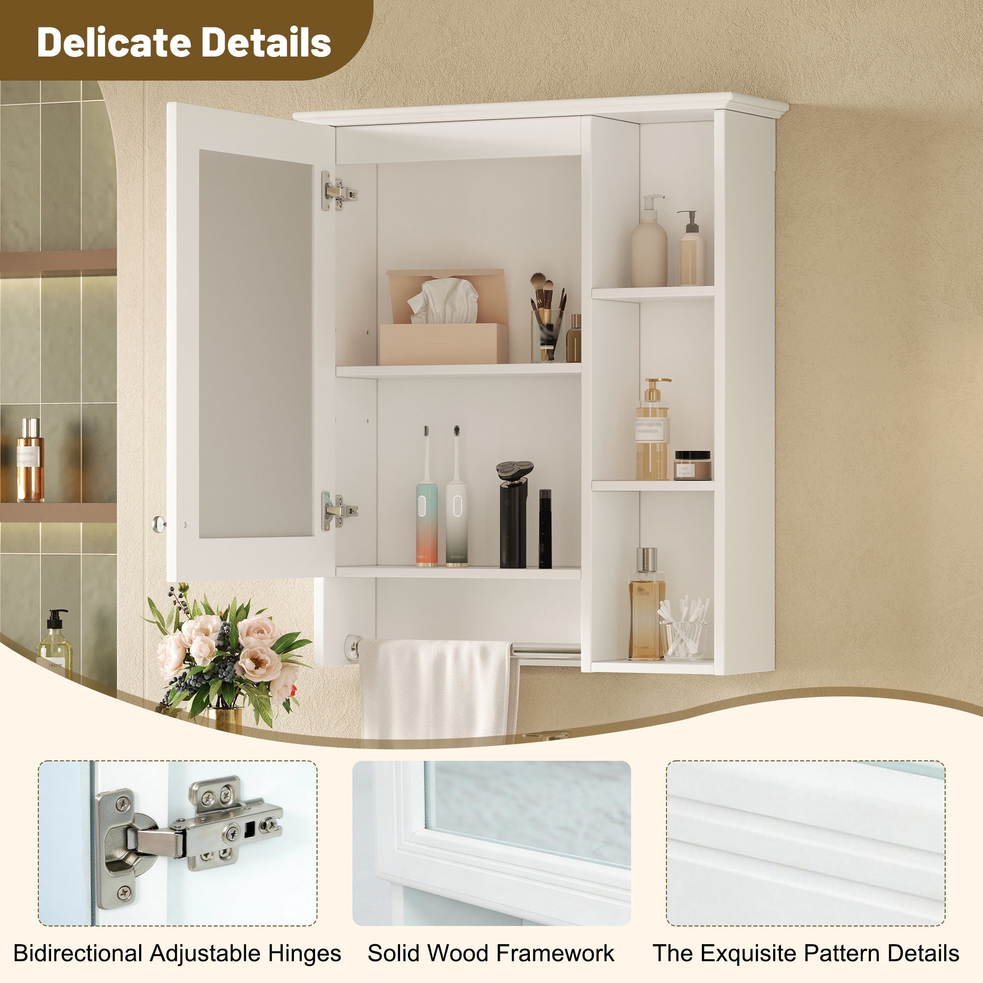 Modern 3 In 1 Bathroom Mirror Cabinet With Adjustable Shelf & Towel Bar