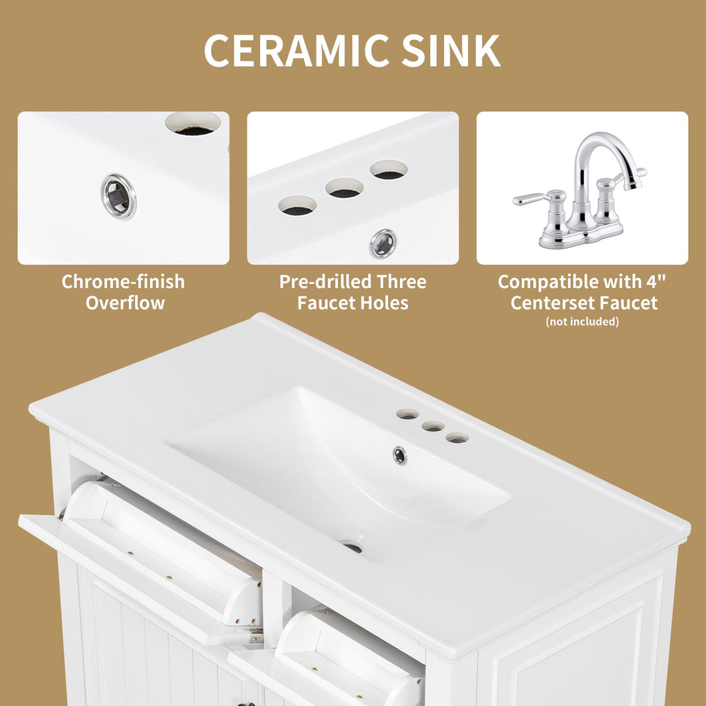 Modern Bathroom Vanity With Sink Top, Flip Drawers, Adjustable Shelf