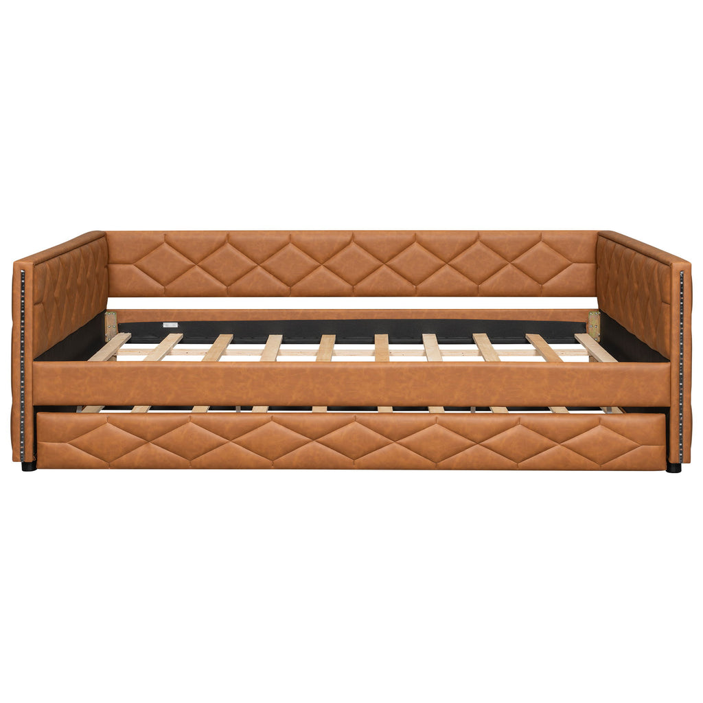 Upholstered Full Long Daybed With Trundle And LED Armrests - Brown