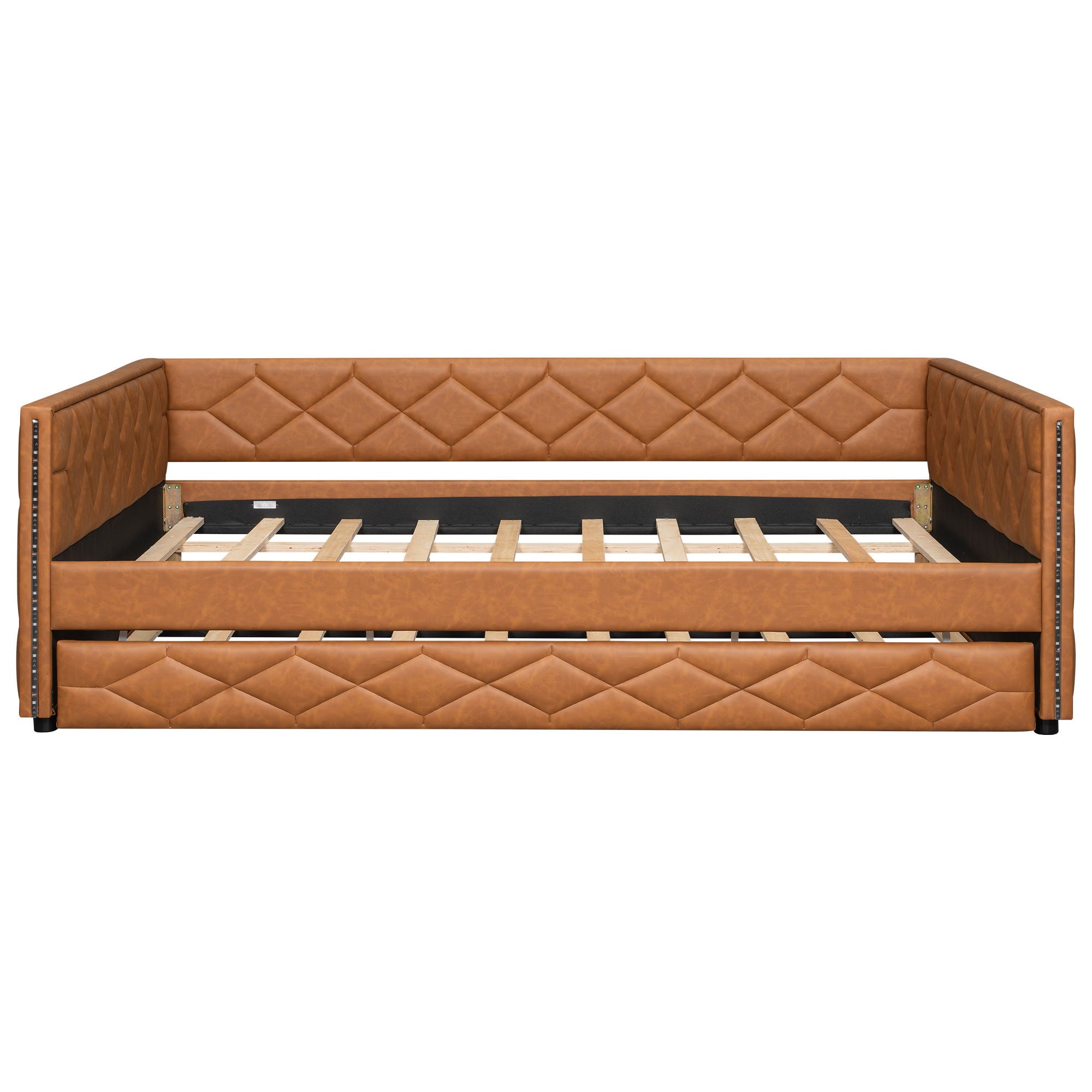 Upholstered Full Long Daybed With Trundle And LED Armrests - Brown