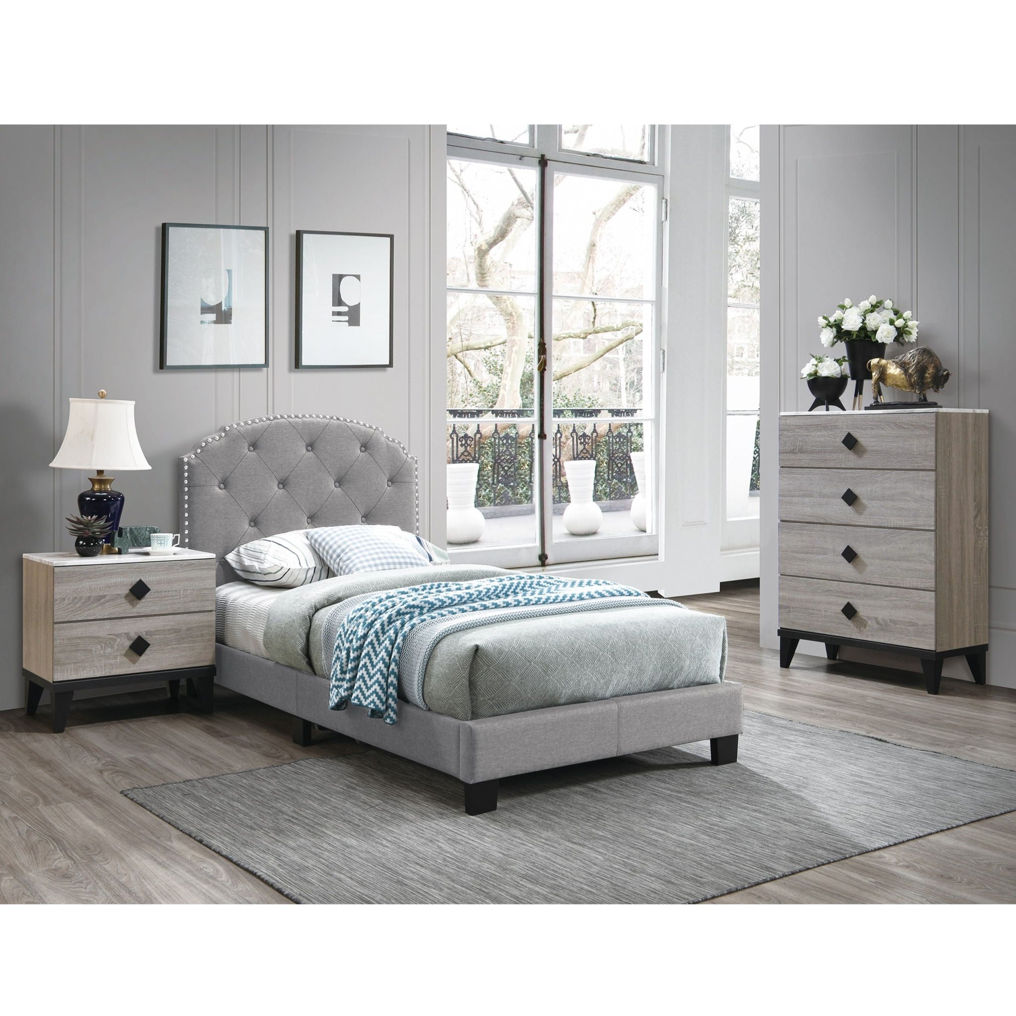 Button Tufted Bed With Nailhead Trim