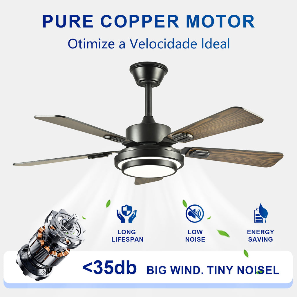 5 Blades Ceiling Fan With LED Light 3000 - 6500K Dimmable, 6 Speed Levels, Reversible Ceiling Fan - Matte Black