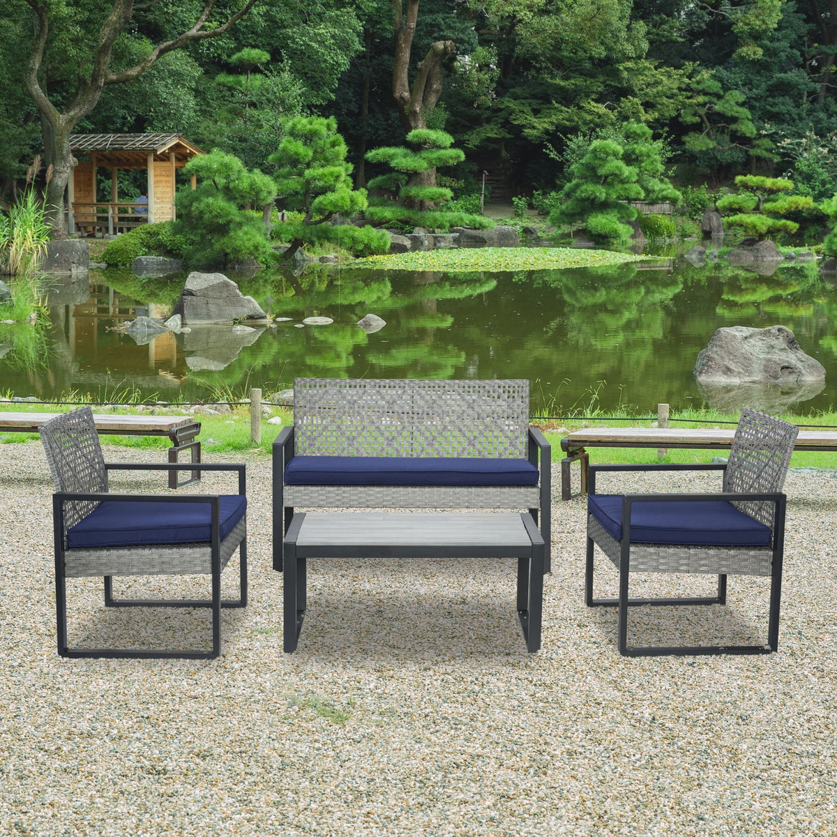 4 Piece Patio Furniture Set With Acacia Wood Table Top And Cushions