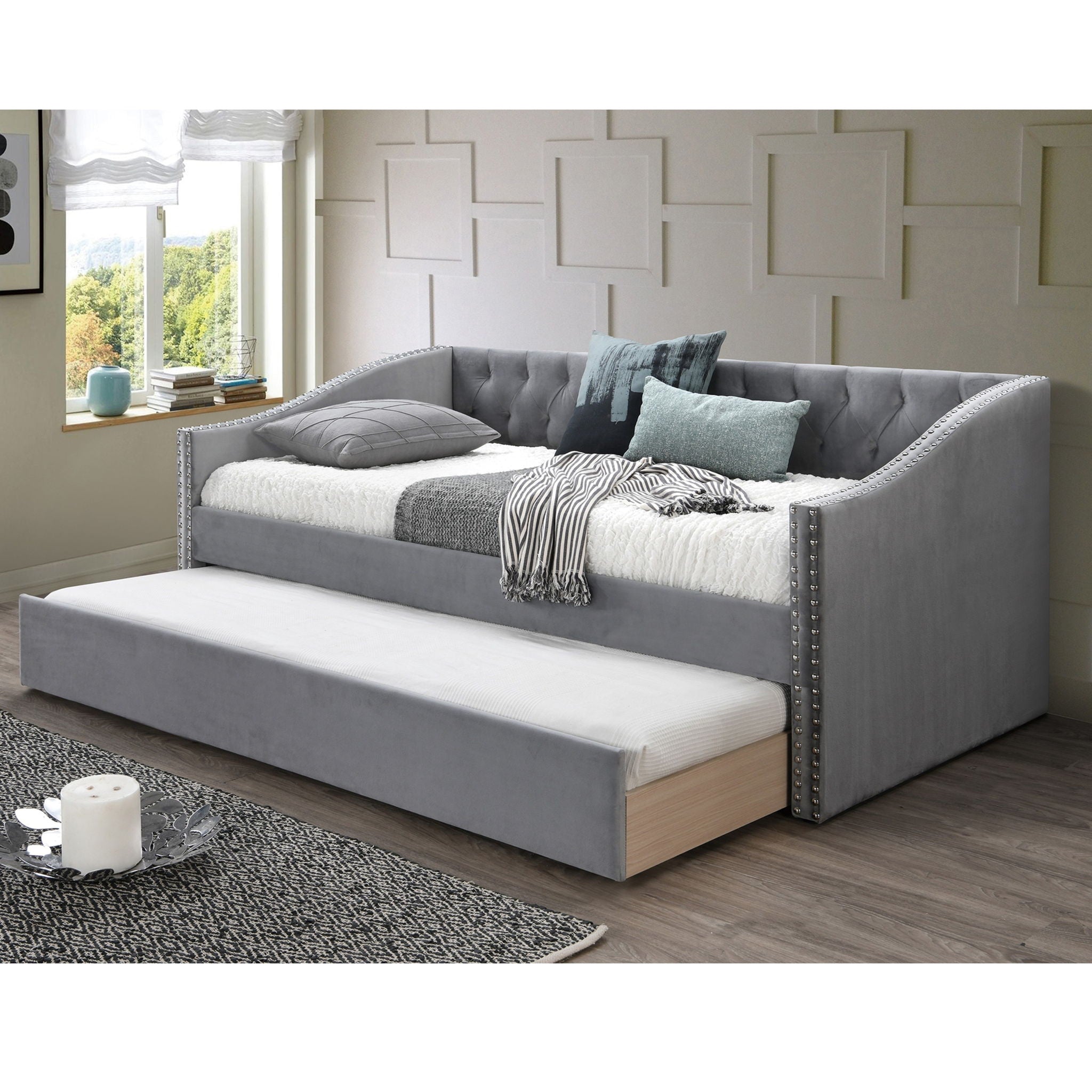 Daybed With Button Tufted Nailhead Trim And Trundle Slat Storage - Gray