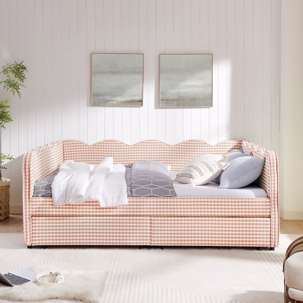 Queen Size Gingham Daybed With 2 Storage Drawers, USB Port, Wave-Shaped Design - Pink