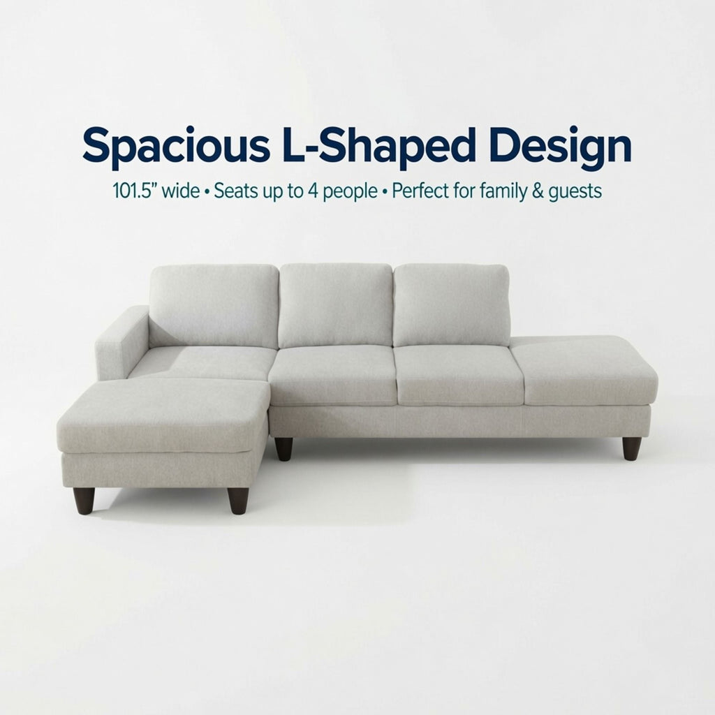 2 Piece L - Shaped Left Chaise Sectional Sofa With Ottoman, Living Room Furniture - White / Gray