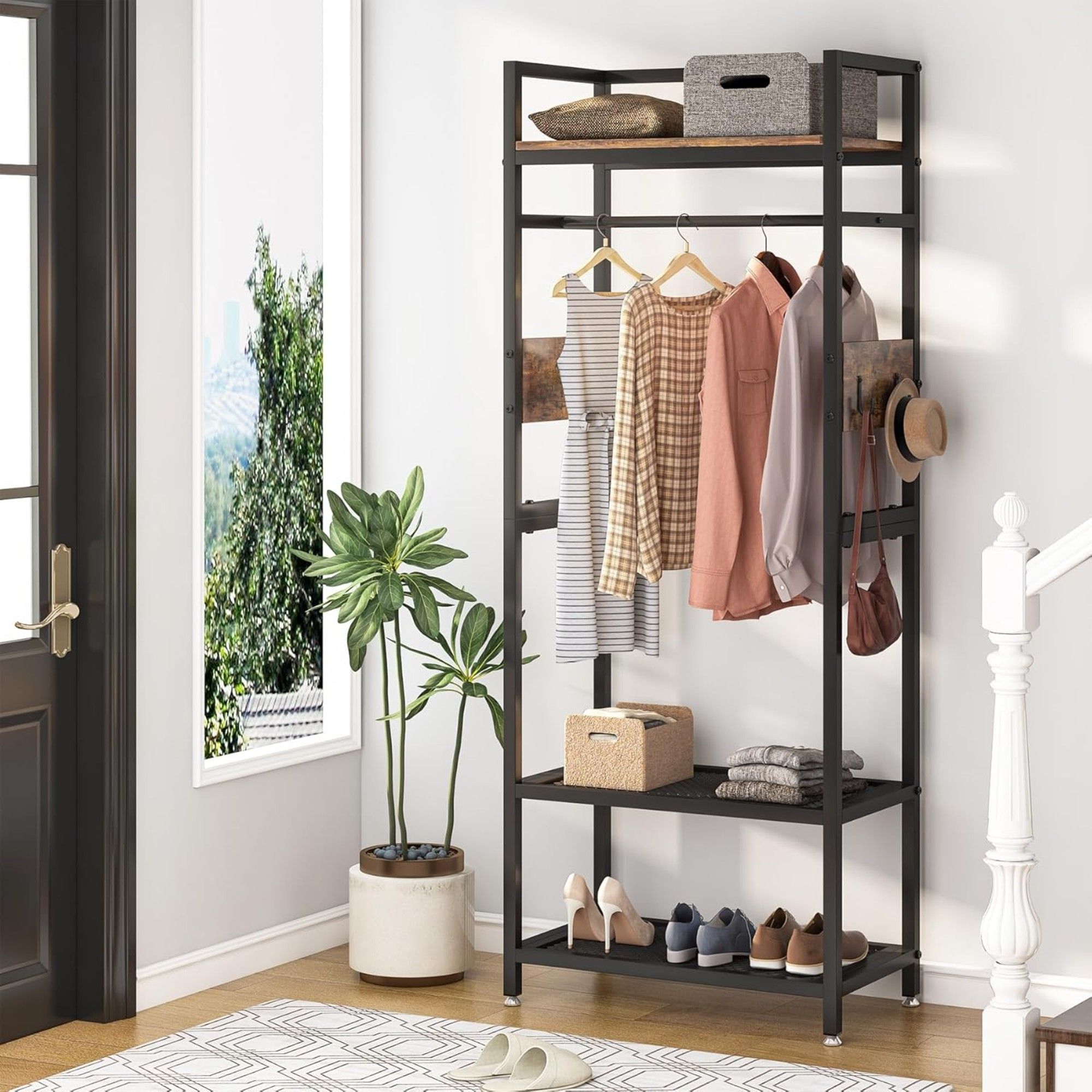 Rack With Hanging Rod, 4 Hooks, Heavy Duty Freestanding Closet Organizer - Brown / Black