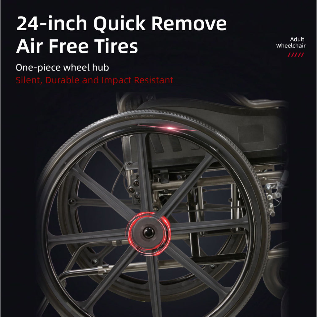 Heavy Duty Manual Wheelchair With Double X Force Support 24" Non Inflatable Tires Foldable Transport Wheelchair With Quick Release Wheels 350Lbs Capacity - Black / Silver