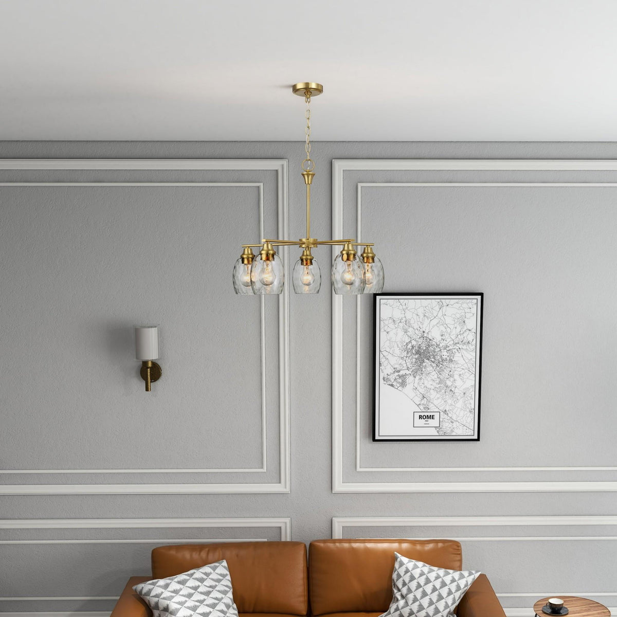 5 Lights Linear Arms With Chain Chandelier - Clear / Gold