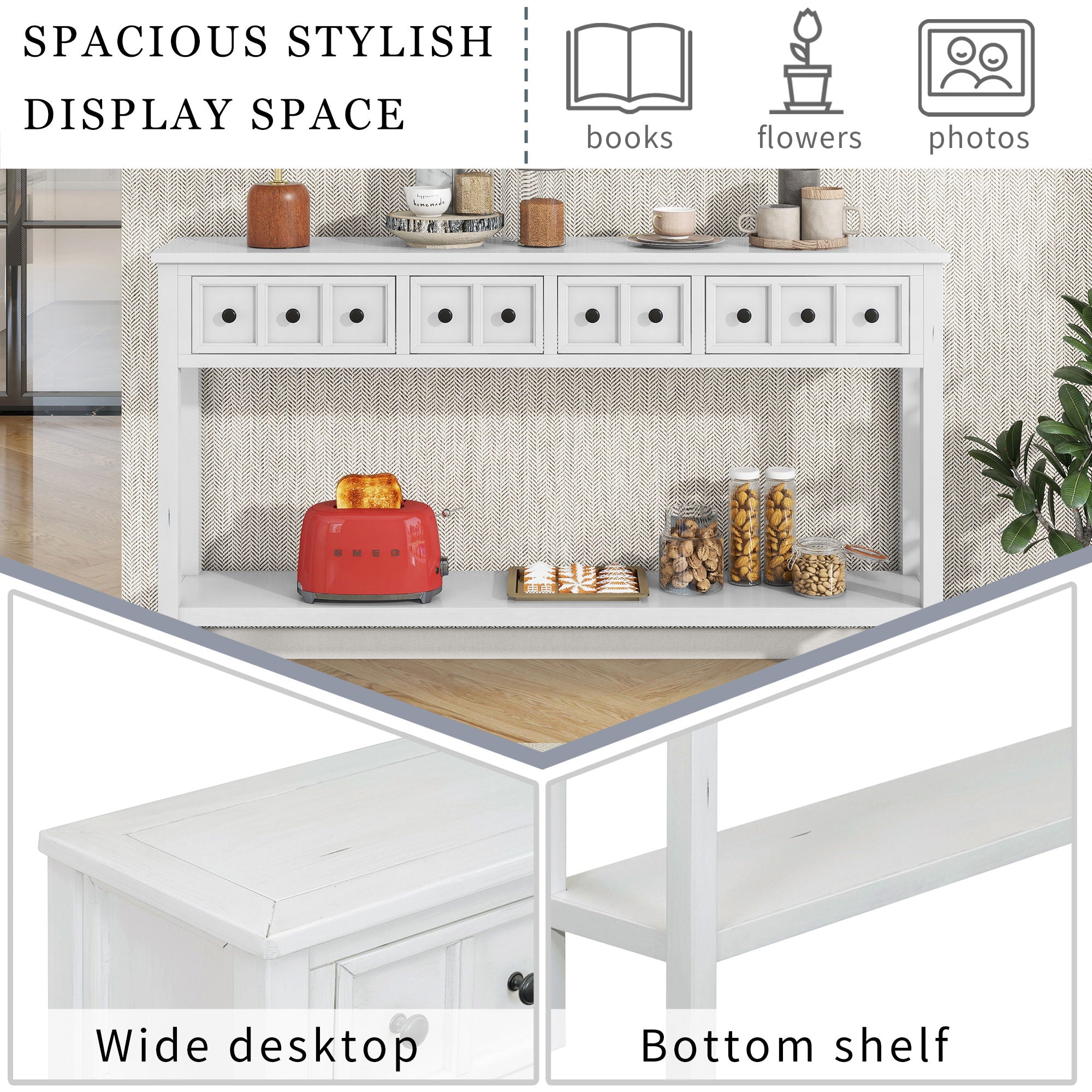 Rustic Entryway Console Table Long Sofa Table With Two Different Size Drawers And Bottom Shelf For Storage