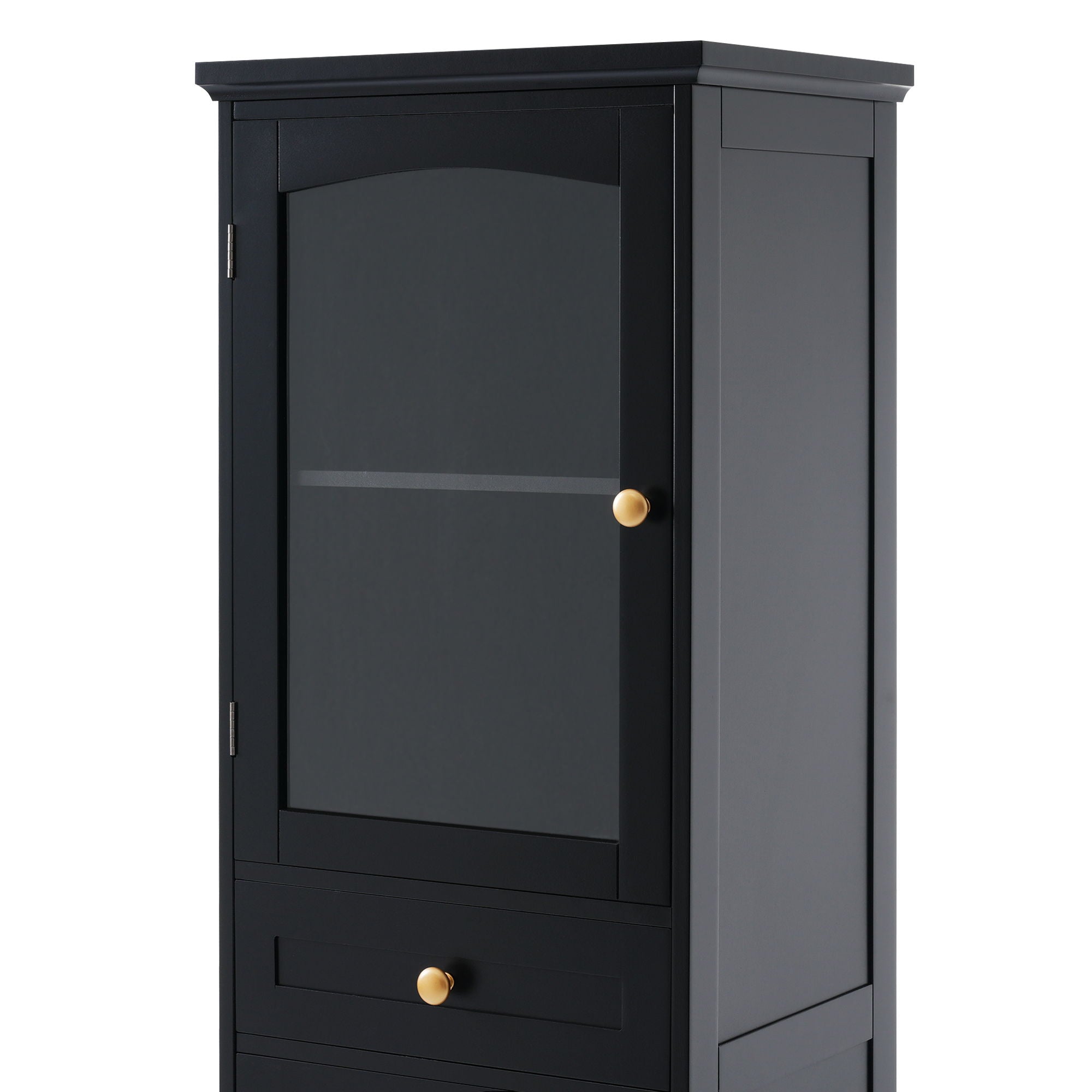 Tall Bathroom Storage Cabinet With Glass Doors, Free-Standing, Two Drawers, And Adjustable Shelves, Board, Painted Perfect For Displaying Your Favorite Items