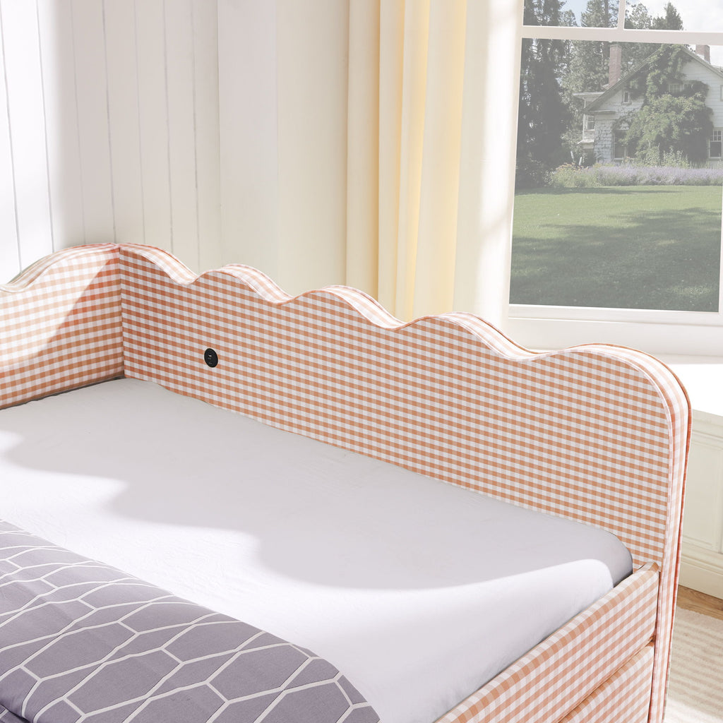 Queen Size Gingham Daybed With 2 Storage Drawers, USB Port, Wave-Shaped Design - Pink