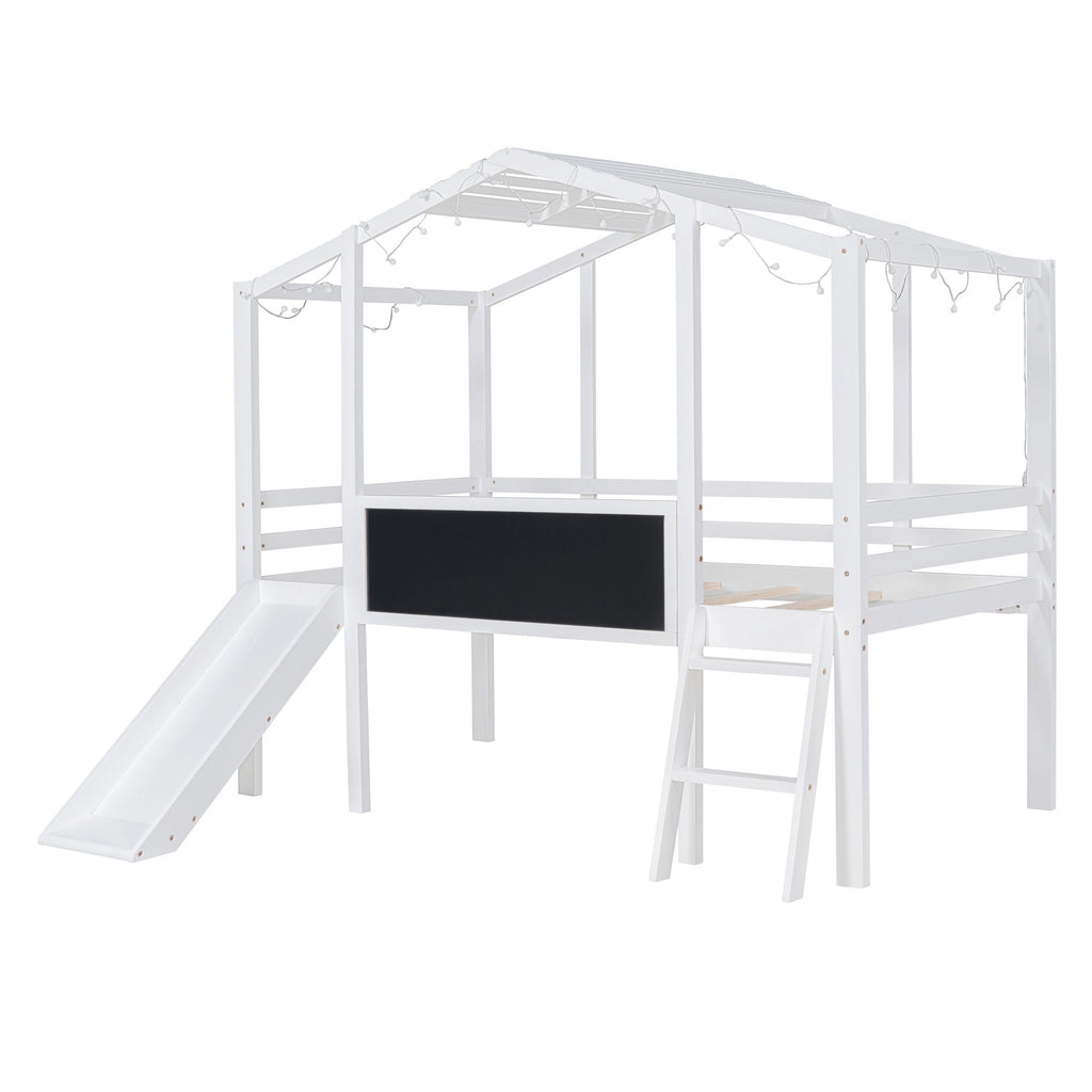 Loft House Bed With Ladder And Slide, With board And Light Strip On The Roof
