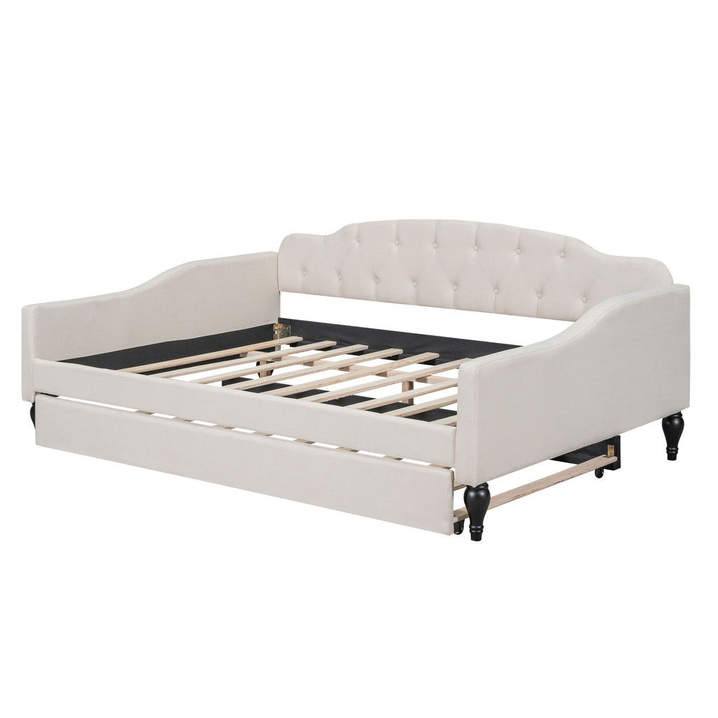 Upholstered Tufted Full Size Daybed With Twin Trundle - Beige