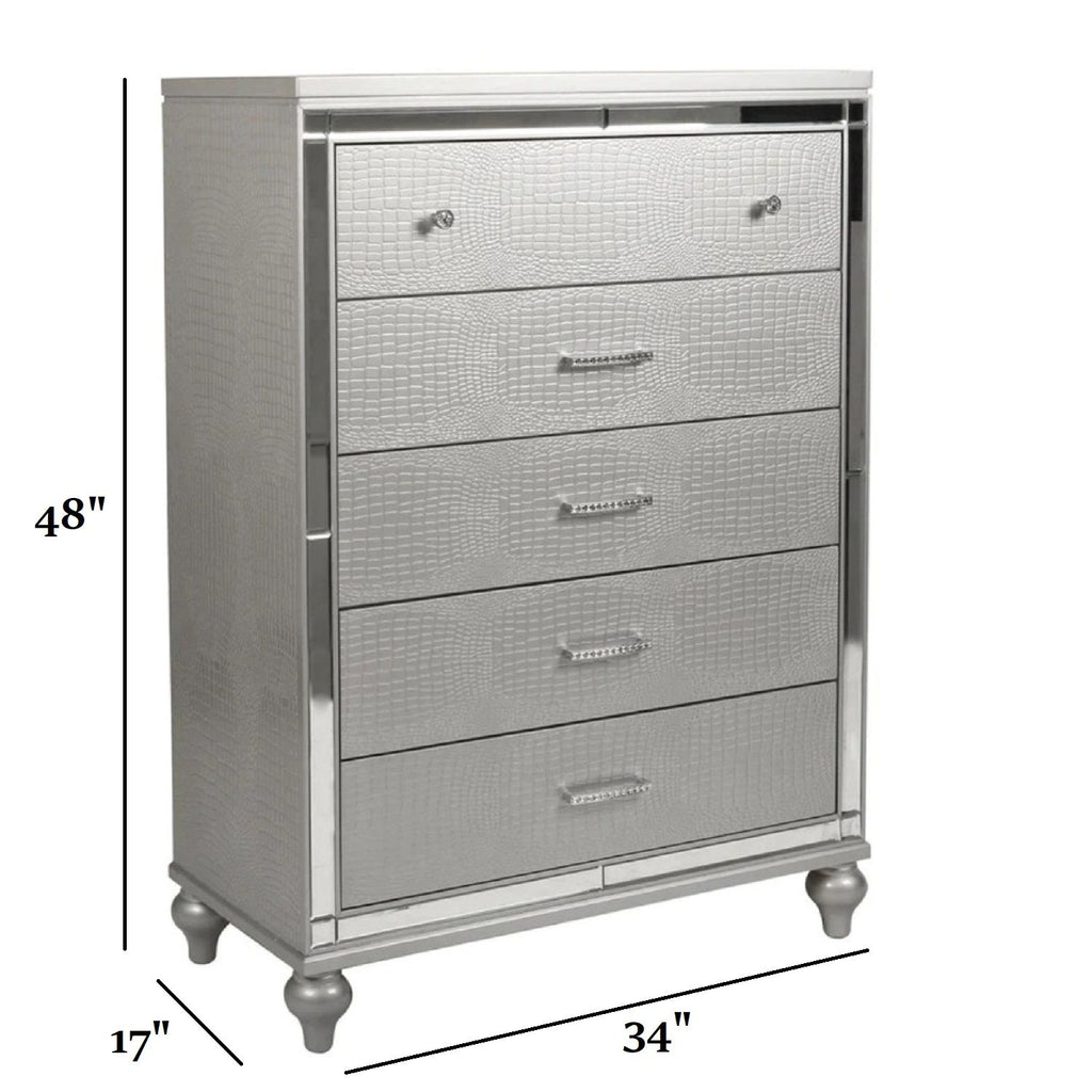 1 Piece Chest With 5 Drawers Snake Skin Bedroom Furniture - Silver