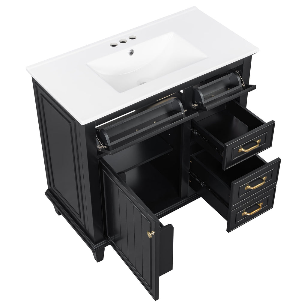 Modern Bathroom Vanity With Sink Top, Flip Drawers, Adjustable Shelf