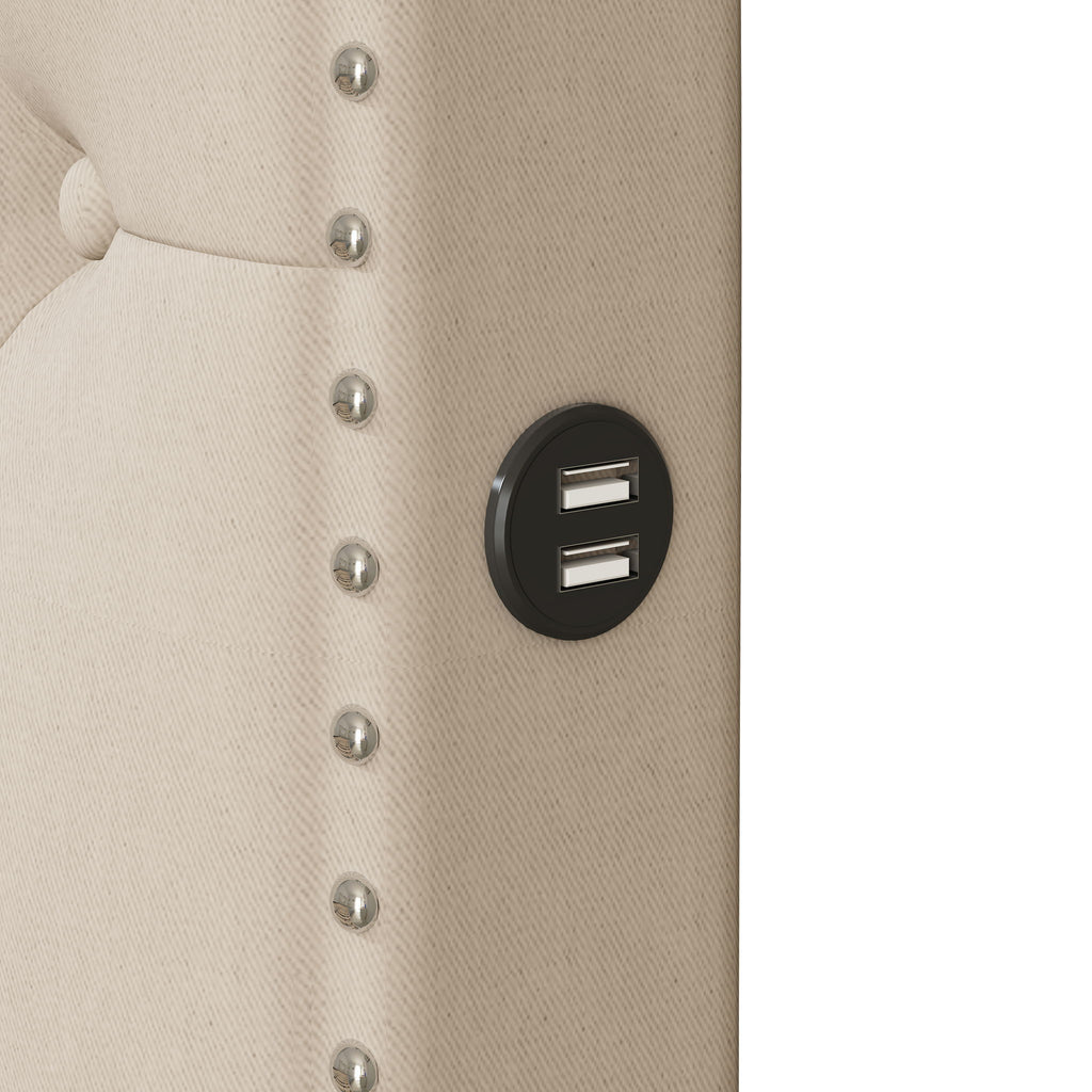 Upholstered Platform Bed With Trundle And 2 Sets Of USB Ports On Each Side, Fabric