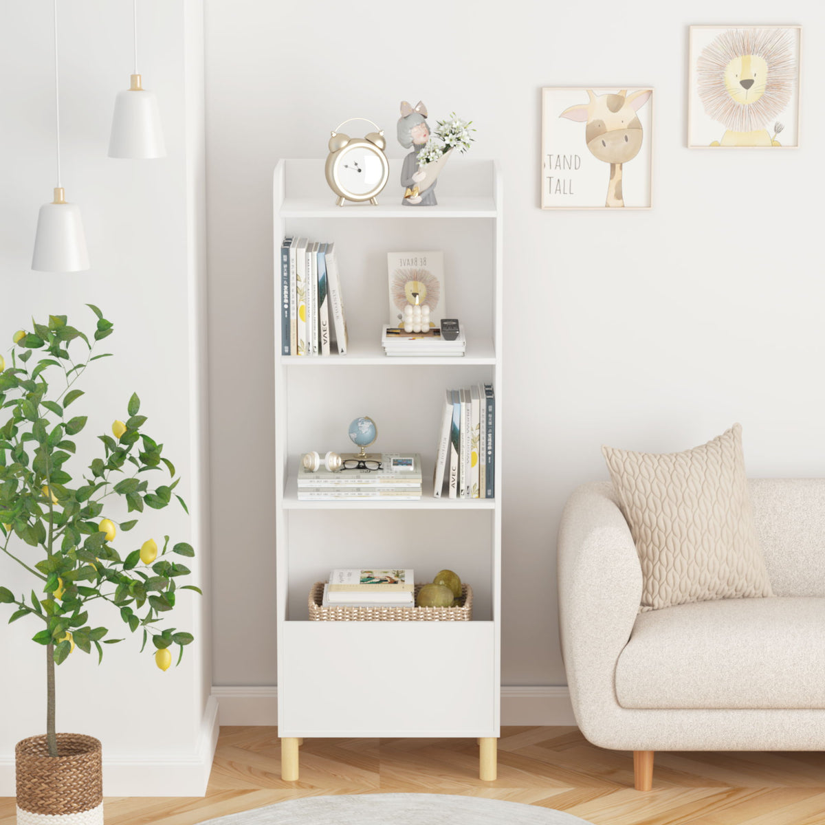 4 Tier Bookcase, Book Display With Safety Restraint, Storage Cabinet For Playroom - White
