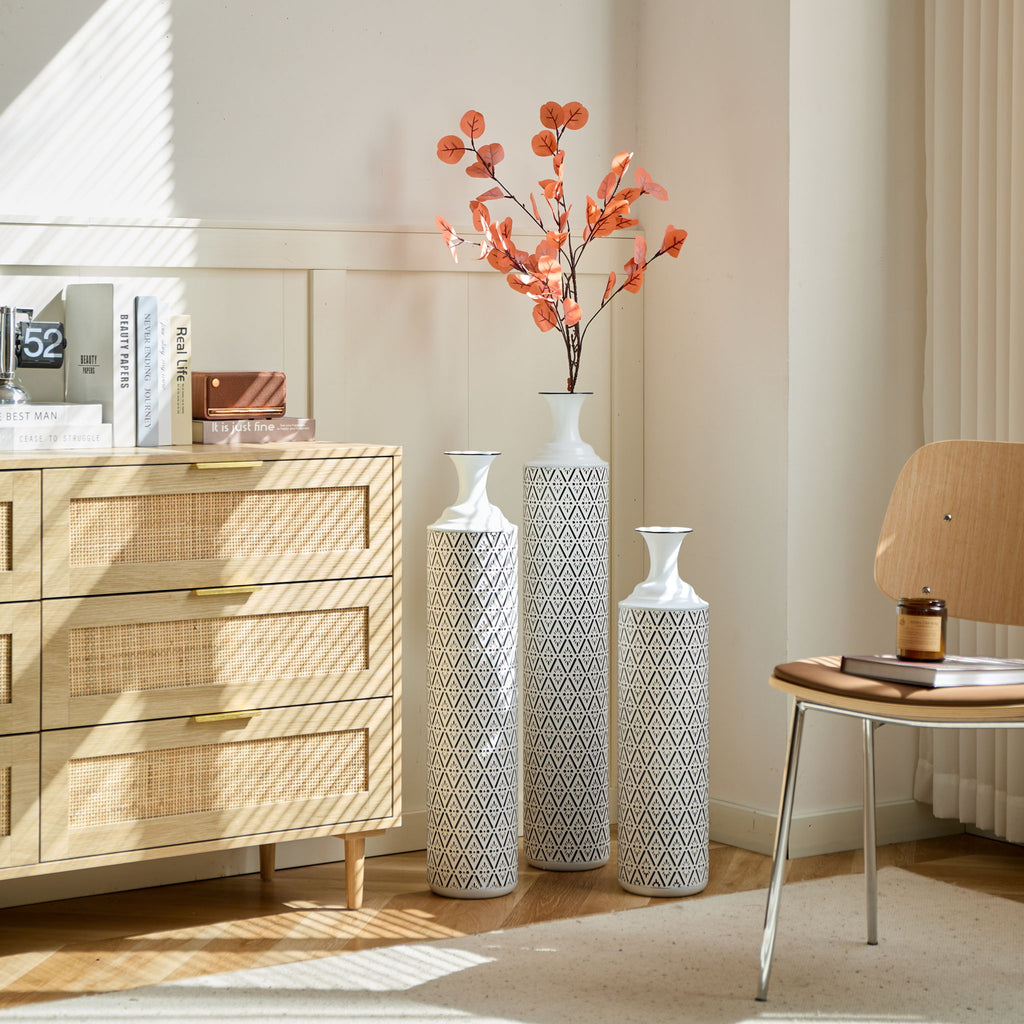 Modern Floor Vase Set Metal Vases With Geometric Pattern, 3 Piece Home Decor Set - White / Black