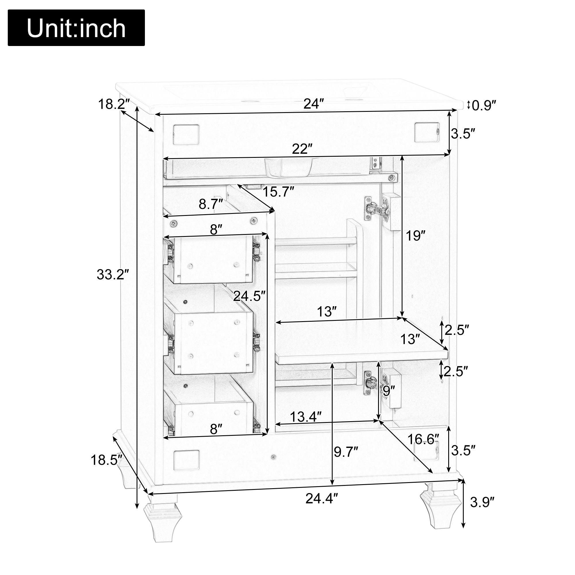 Freestanding Bathroom Vanity With Sink, 3 Drawers & Flip-Out Drawer