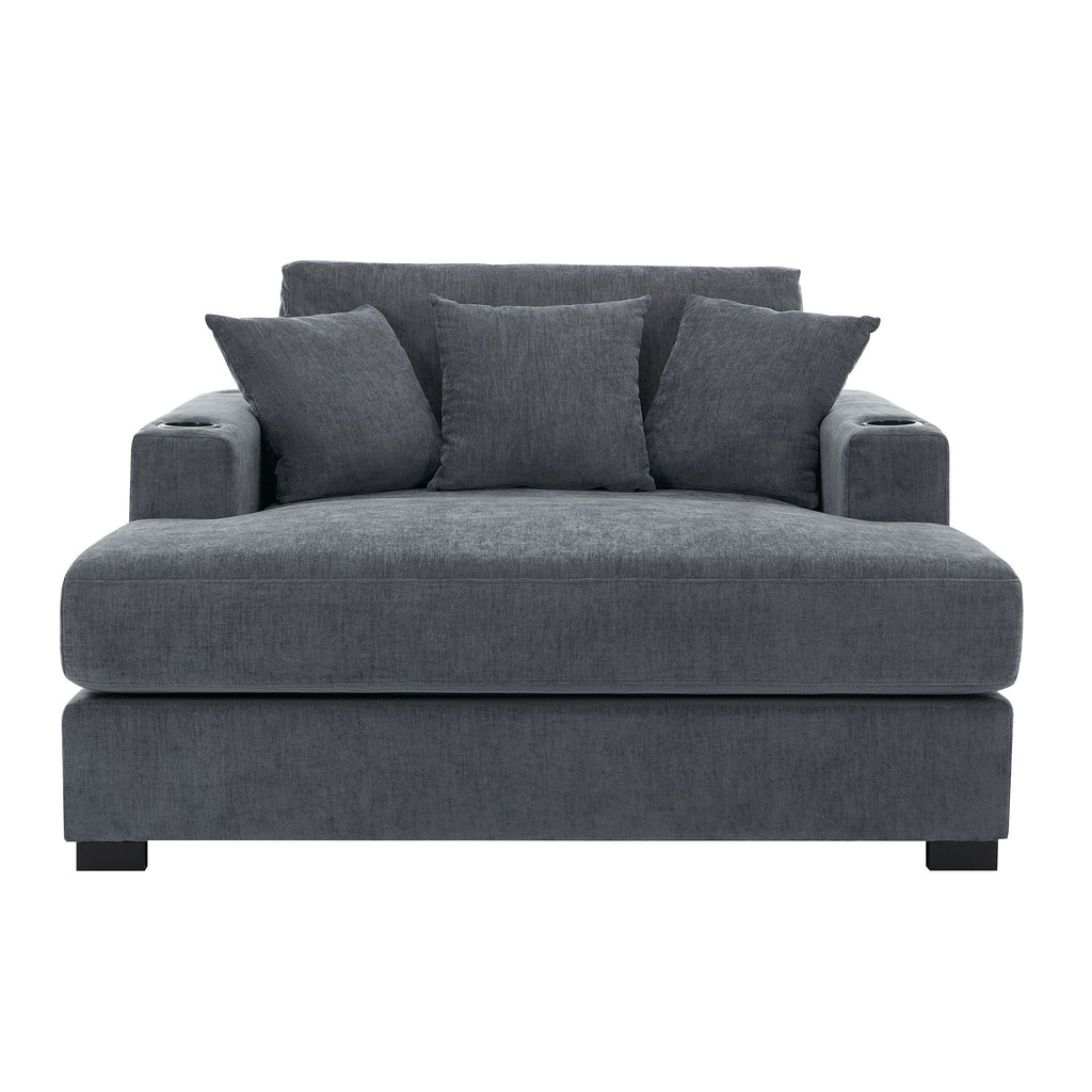 Oversized Chaise Lounger Modern Style Sofa Couch, With Pillows, Charge Station & Cup Holders