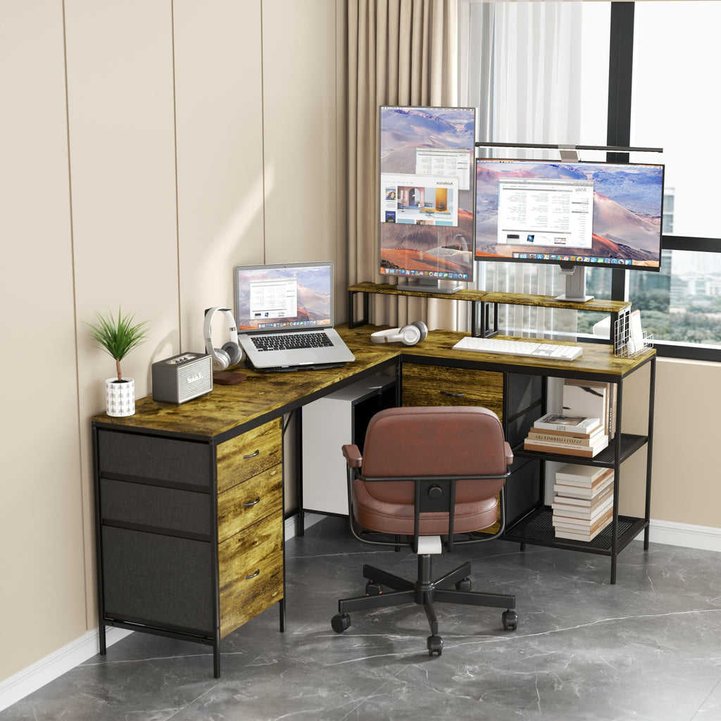 Industrial L Shaped Desk With Power Hub With 6 Drawers And Adjustable Monitor Stands - Brown