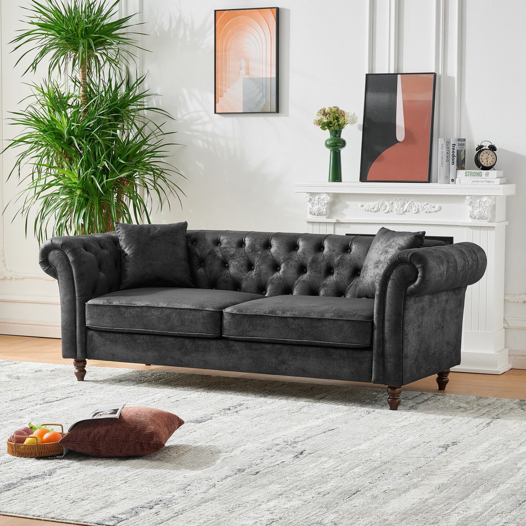 Chesterfield Sofa, High Tech Fabric Roll Armrest, 3 Seater Couch - Black