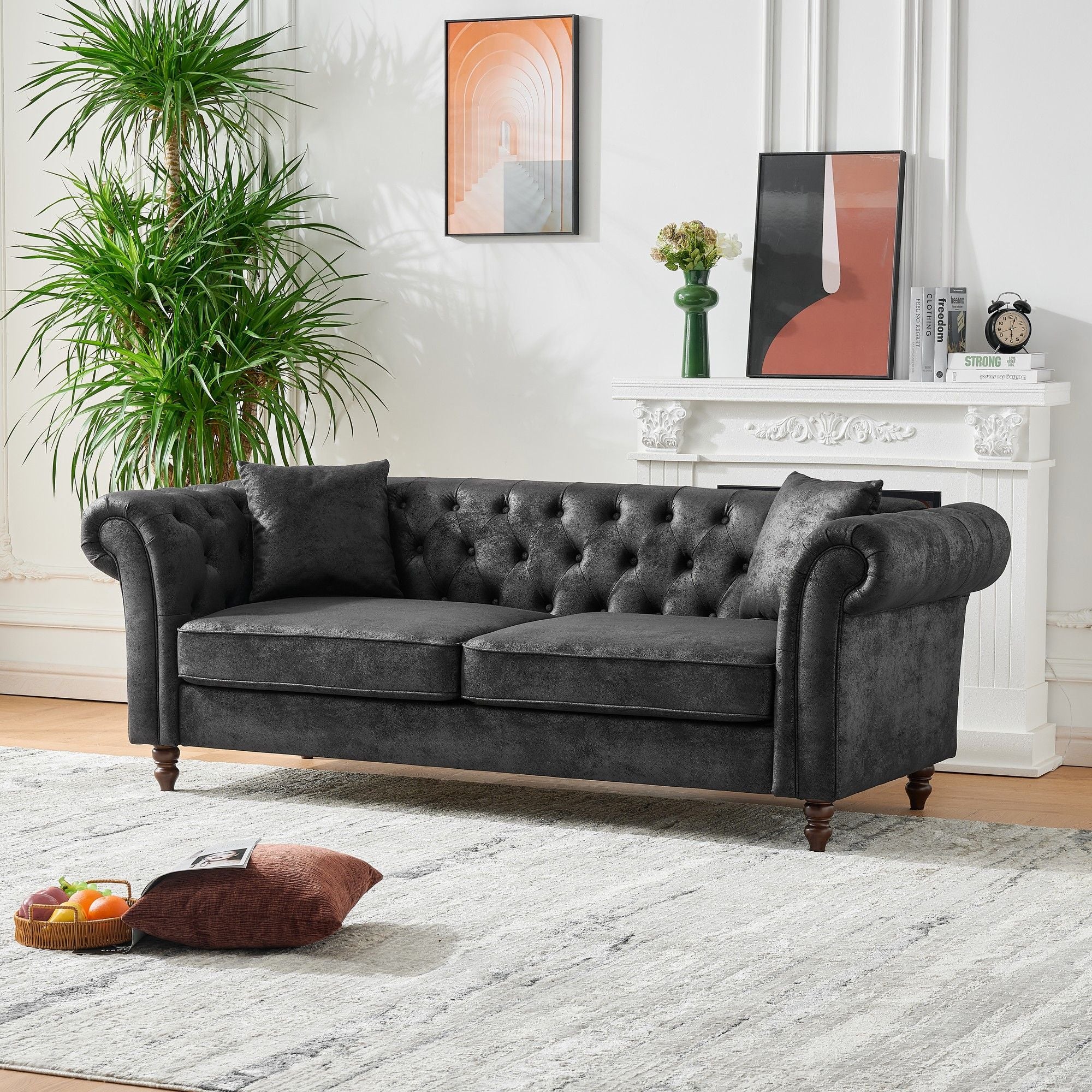 Chesterfield Sofa, High Tech Fabric Roll Armrest, 3 Seater Couch - Black