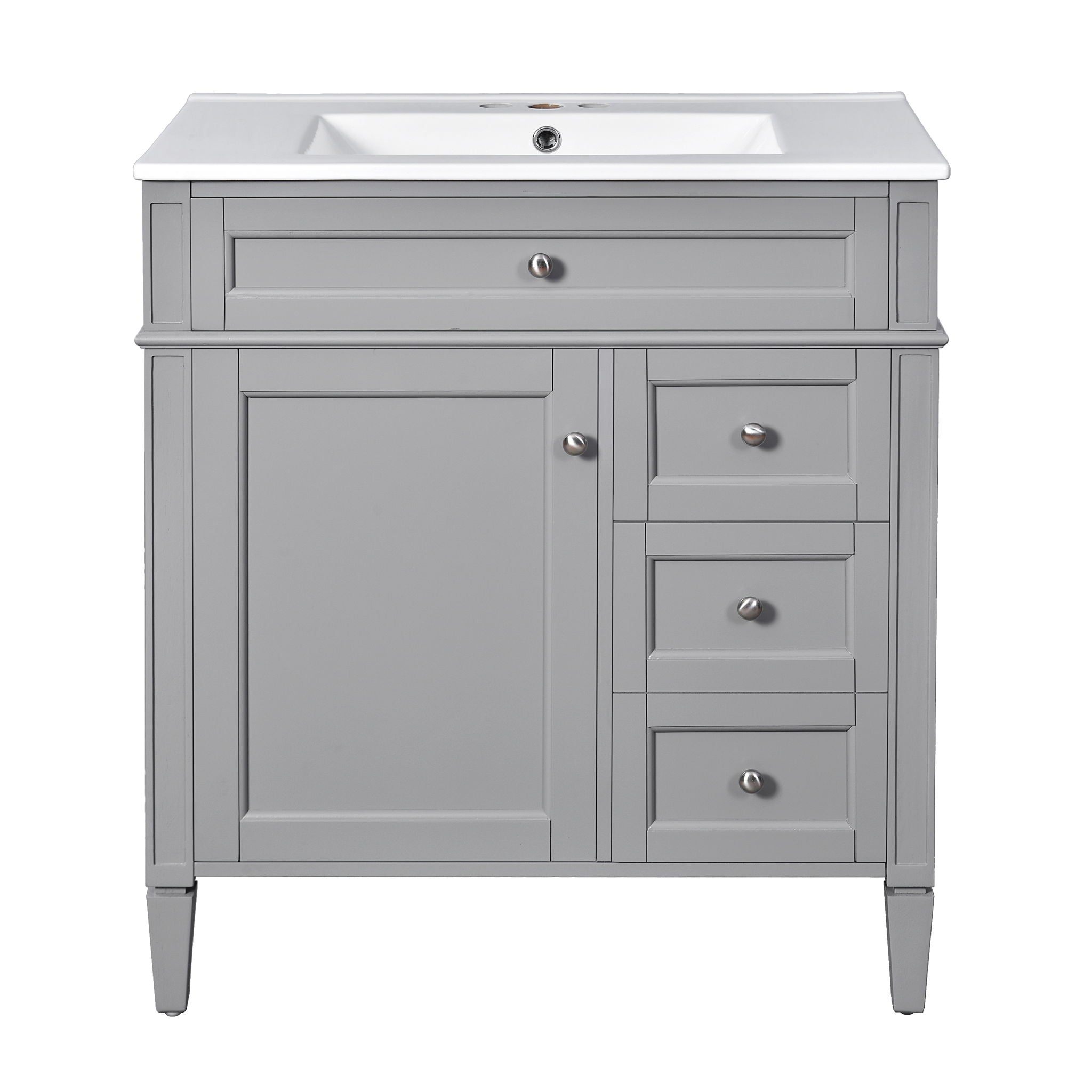 Bathroom Vanity With Top Sink, Freestanding Storage Cabinet With 2 Doors And 3 Drawers, Mirror Cabinet Included - Gray