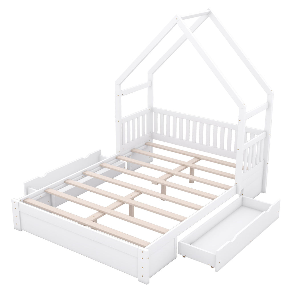 House Style Platform Bed With Guardrail And 2 Drawers