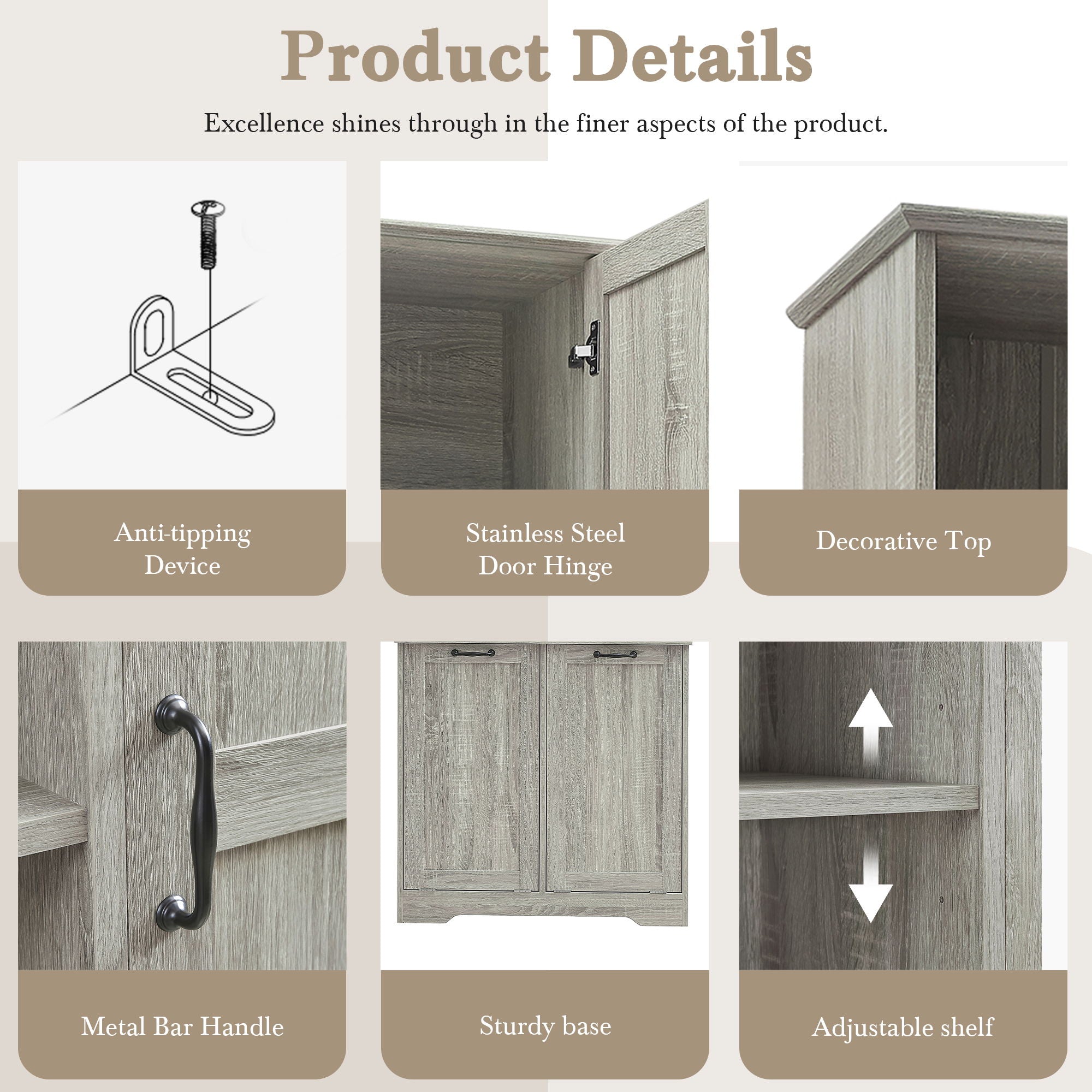 Freestanding Bathroom Storage Cabinet With Doors And Drawers, Adjustable Shelves, Tilt-Out Laundry Hamper