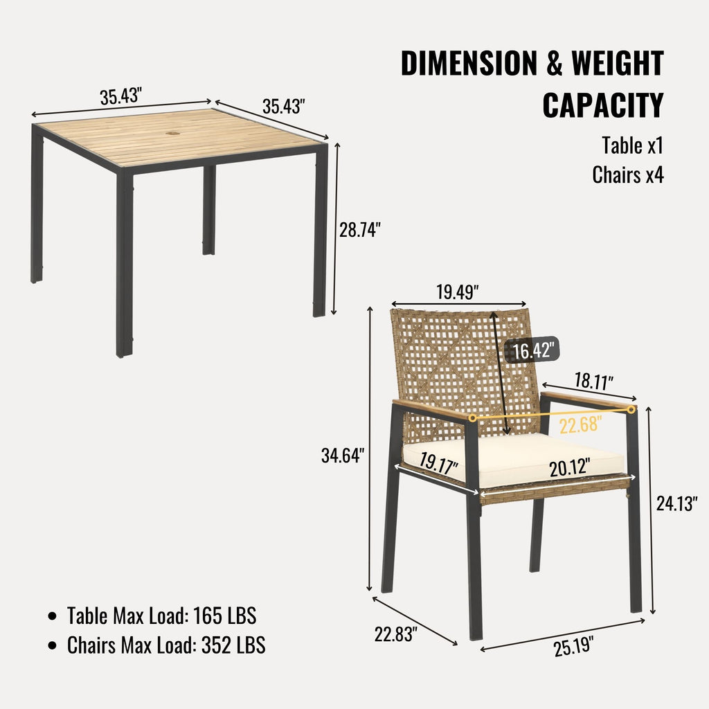 5 Piece Patio Dining Table Set, Acacia Wood Table Top With Umbrella Hole