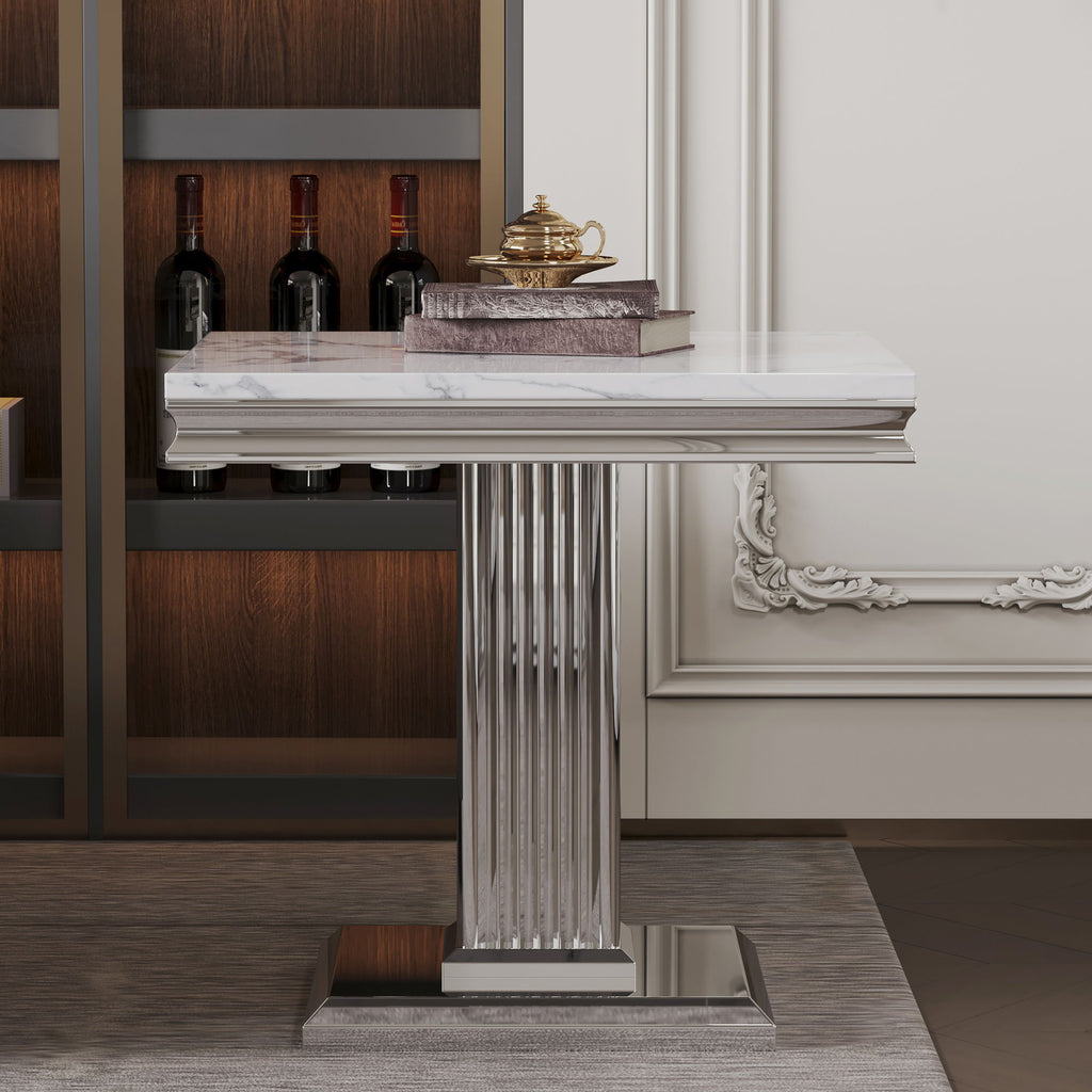 Marble Printed Top Rectangular End Table, Base With Mirrored Finish