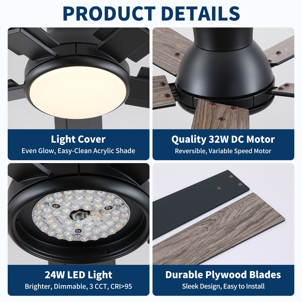 Low Profile Flush Mount Intergrated LED Ceiling Fan With Light And Reversible Quiet Motor