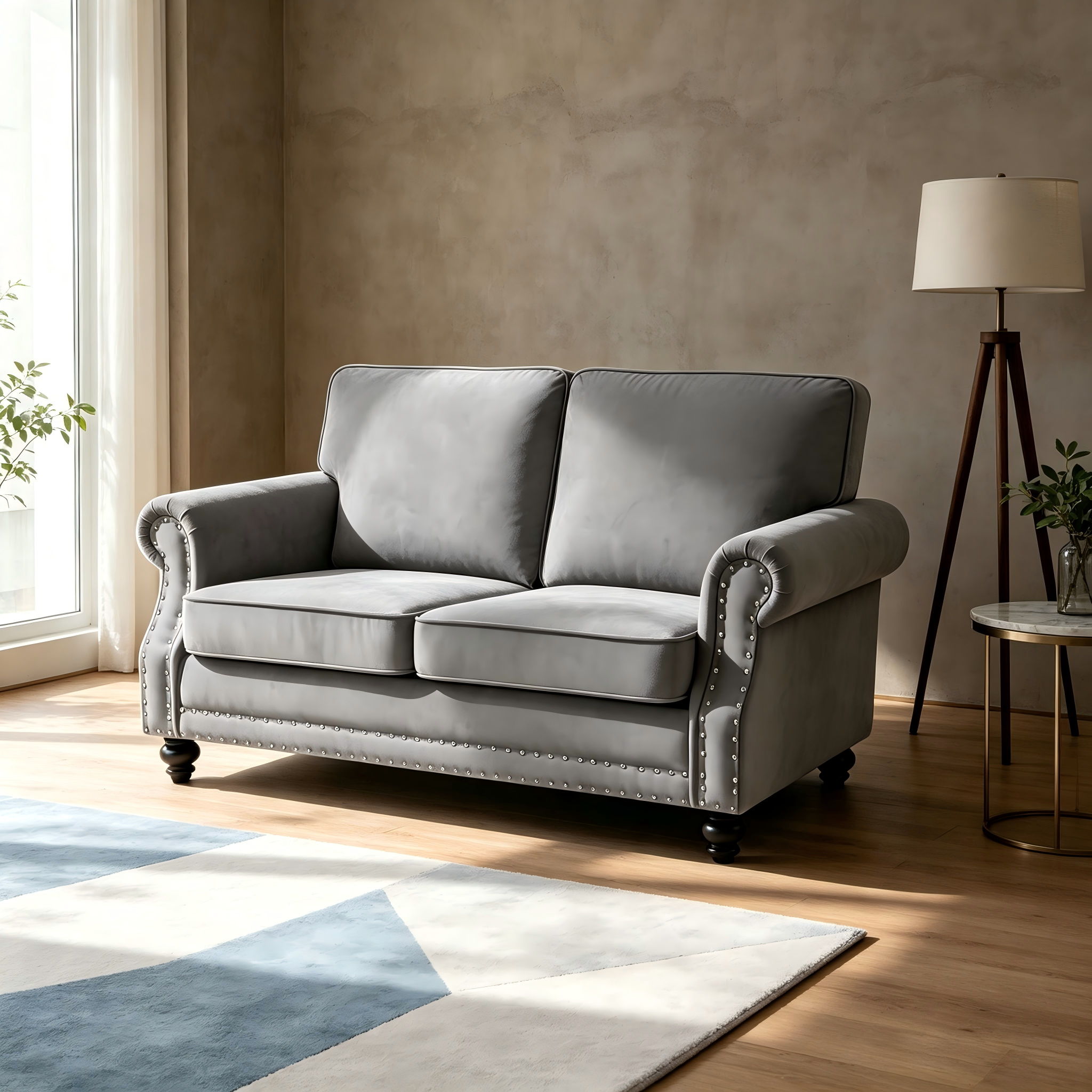 Loveseat Sofa With Nailhead Detail & Turned Legs, 2 Seater Upholstered Couch