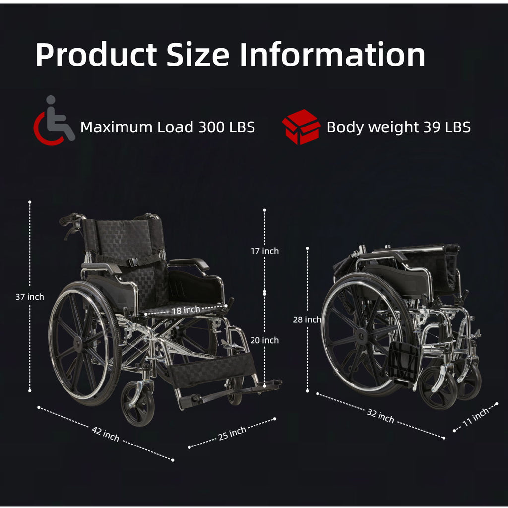 Lightweight Wheelchair Foldable 300 Lbs Capacity 24" Tires Adjustable Seat Belt And Anti Backflip Device Safe And Durable Transport Chair For And Disabled - Silver