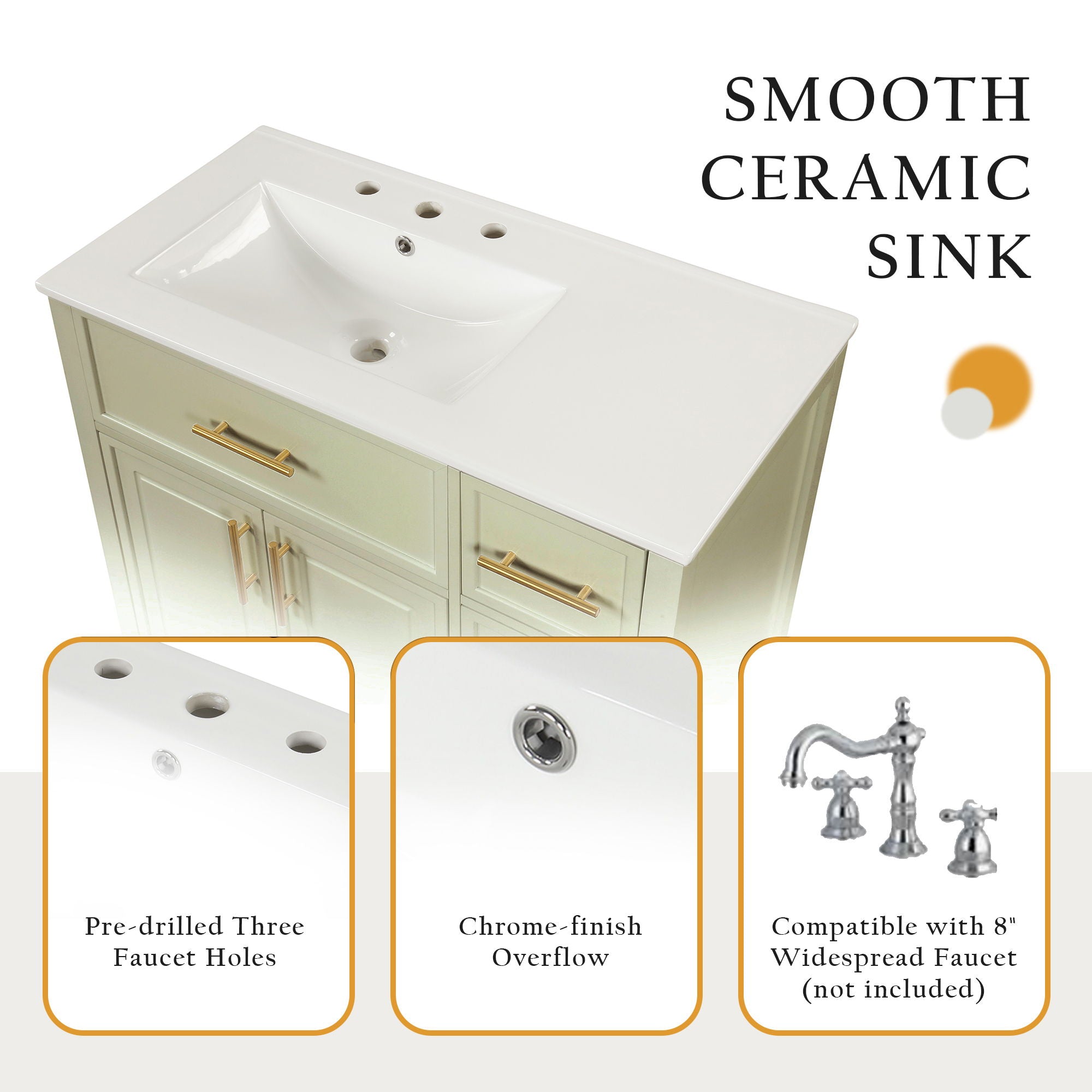 36" Bathroom Vanity With Sink, 2 Doors, 3 Drawers, Rectangular - White