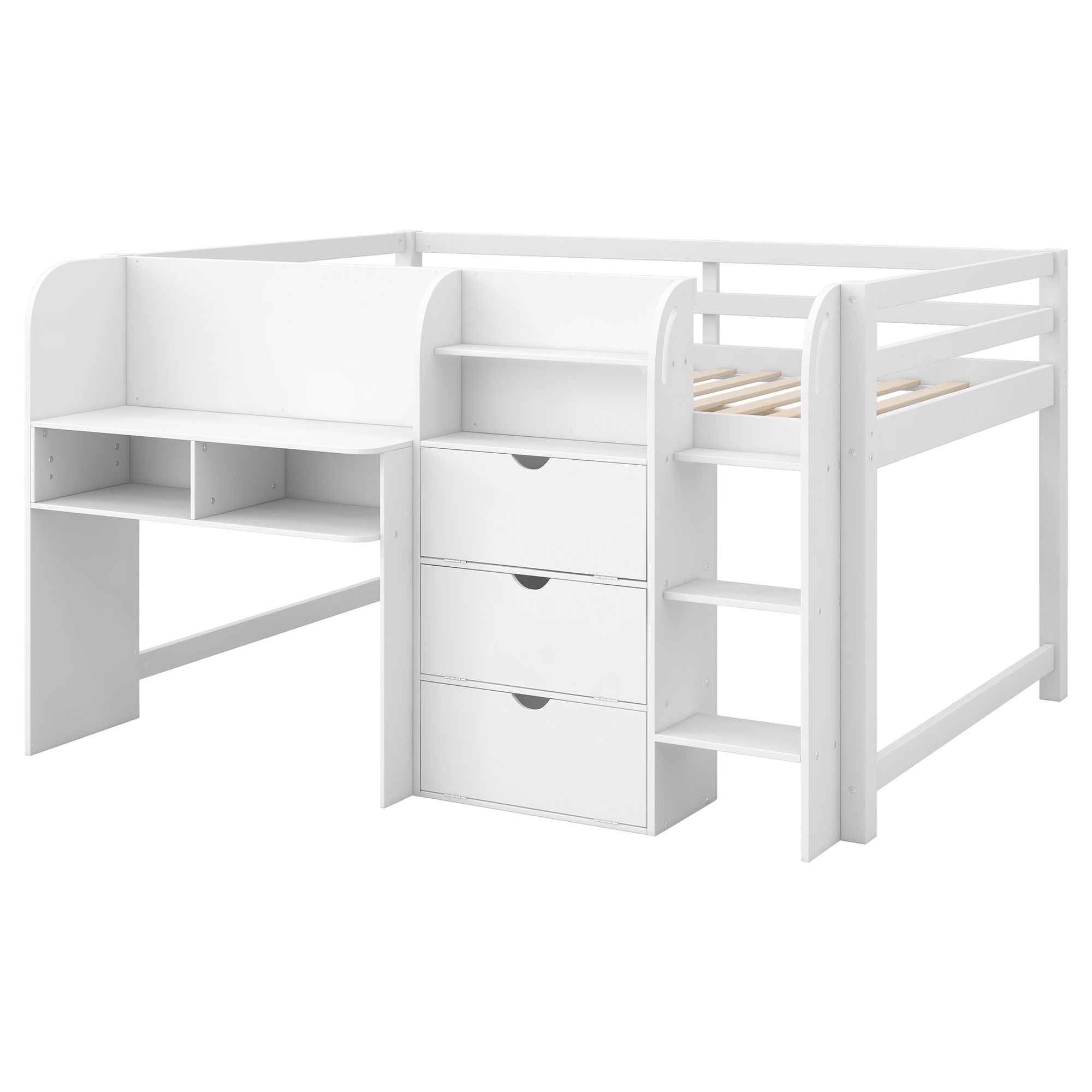 Low Loft Bed With Built In Desk, Storage Cabinets, Open Bookcase And Doodle board