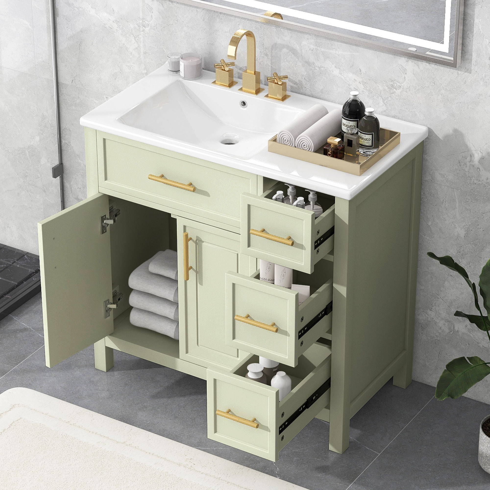 36" Bathroom Vanity With Sink, 2 Doors, 3 Drawers, Rectangular - White